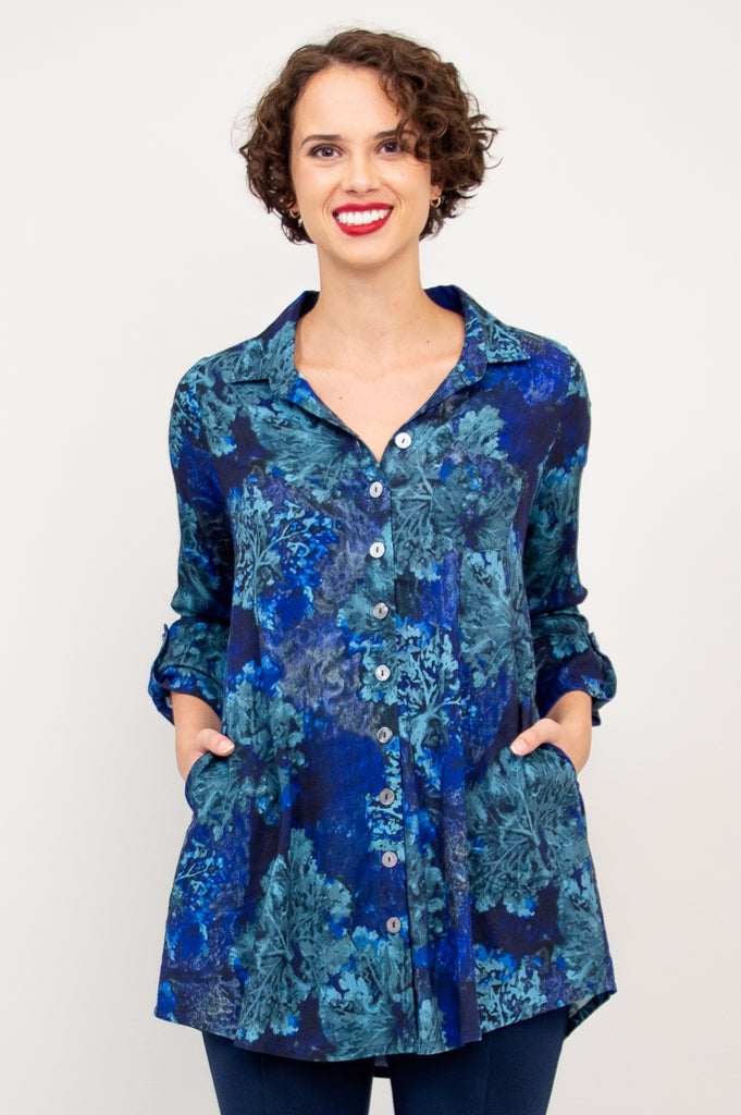 Celine Blouse - Arbre Print Linen Bamboo Blend Women's Top for Casual Wear & Summer Outfits
