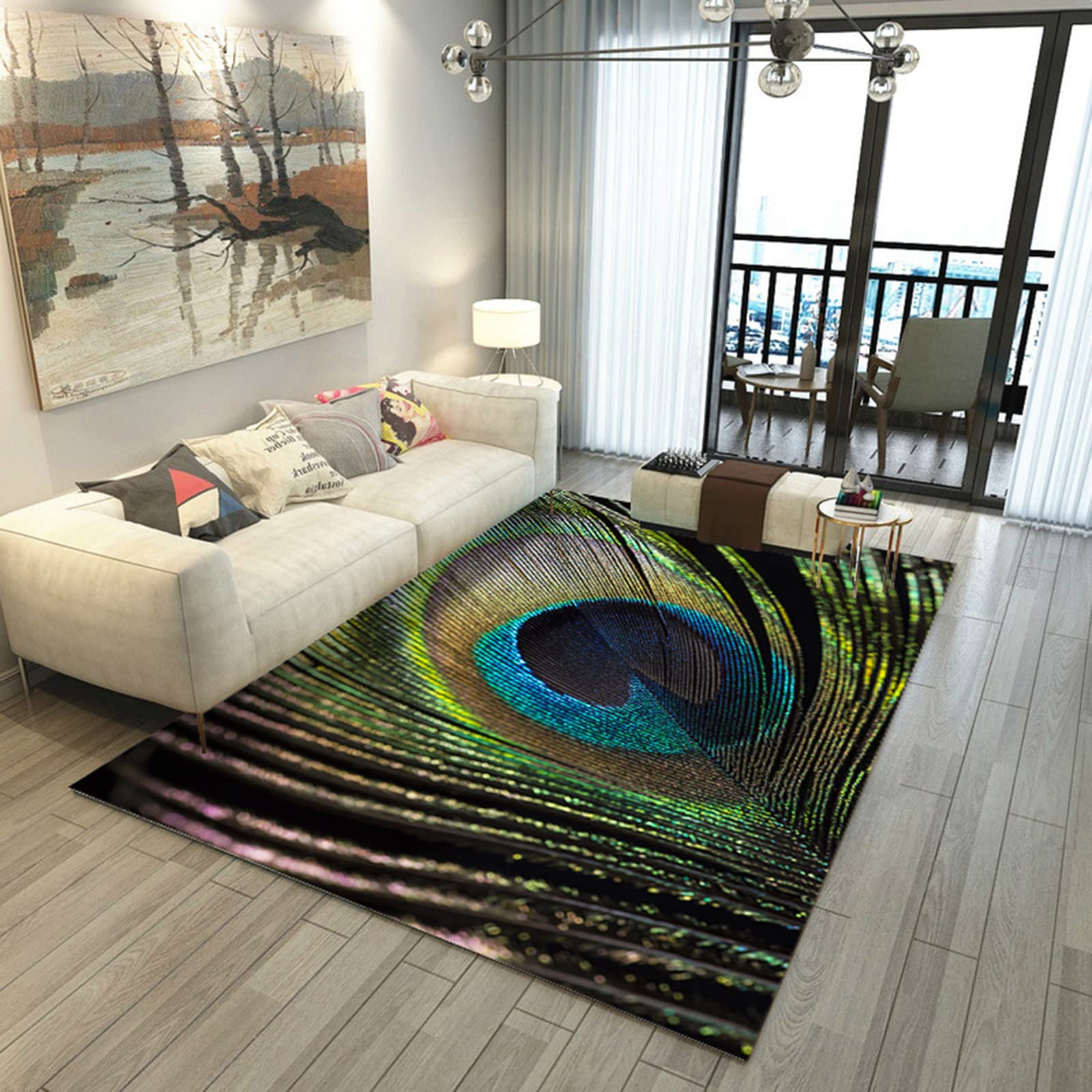 Peacock Feather Area Rug - 63x47 Inch Non-Slip Emerald Green Living Room Carpet | Soft Bath Mat for Bedroom, Dorm Decor & Home Office Floor Covering