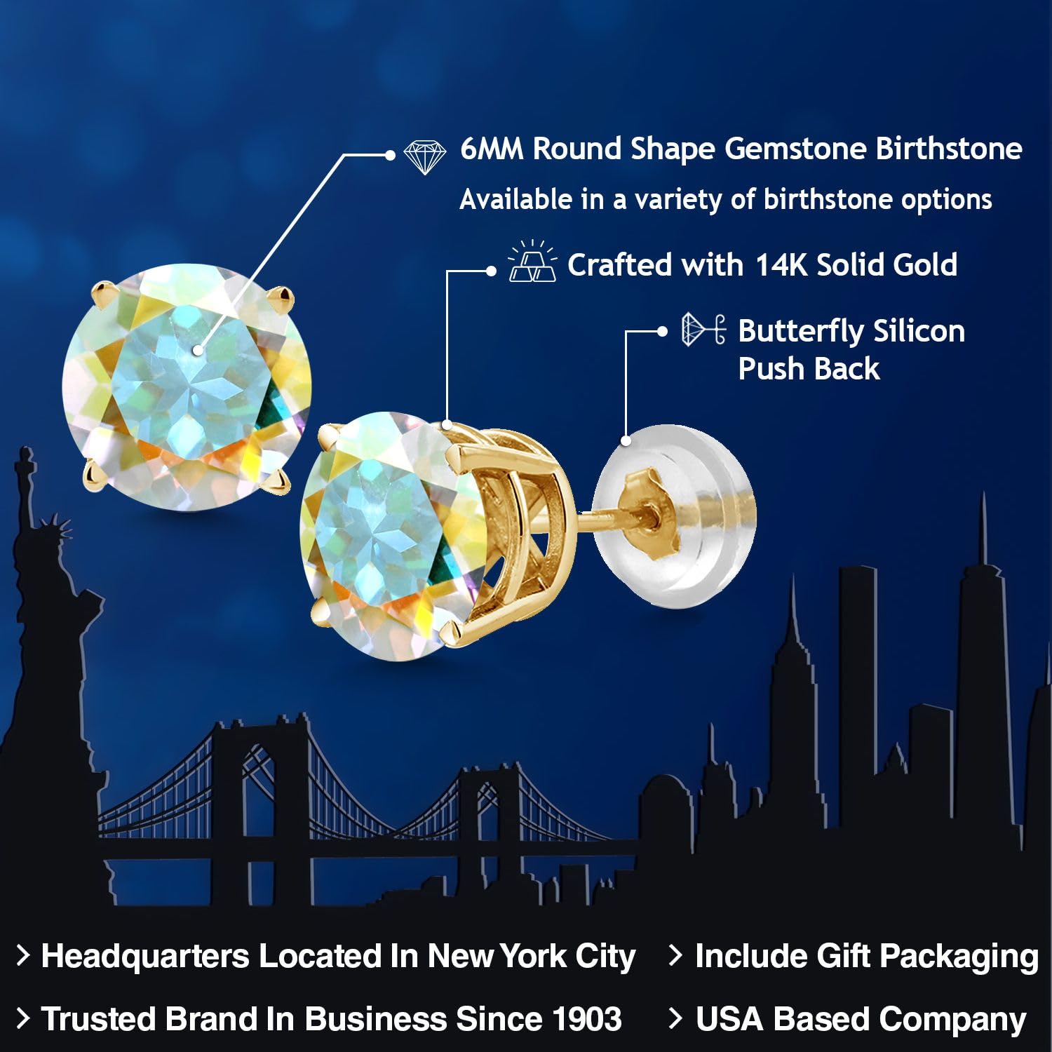 14K Yellow Gold Gemstone Birthstone Stud Earrings for Women & Men | 6MM Round Cut | Personalized Zodiac Jewelry Gift | Perfect for Birthdays, Anniversaries & Special Occasions