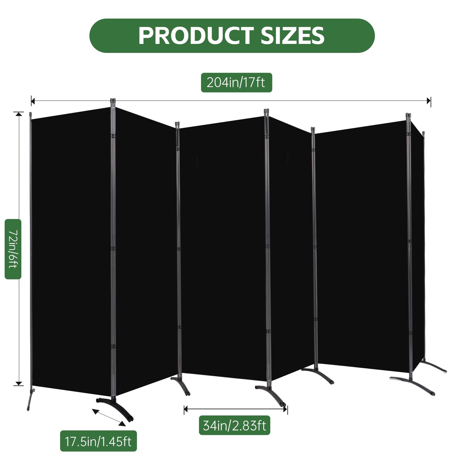 YASRKML 6-Panel Folding Room Divider Screen - Portable Freestanding Privacy Partition for Home & Office - Black Fabric Room Separator for Bedrooms, Living Spaces & Events