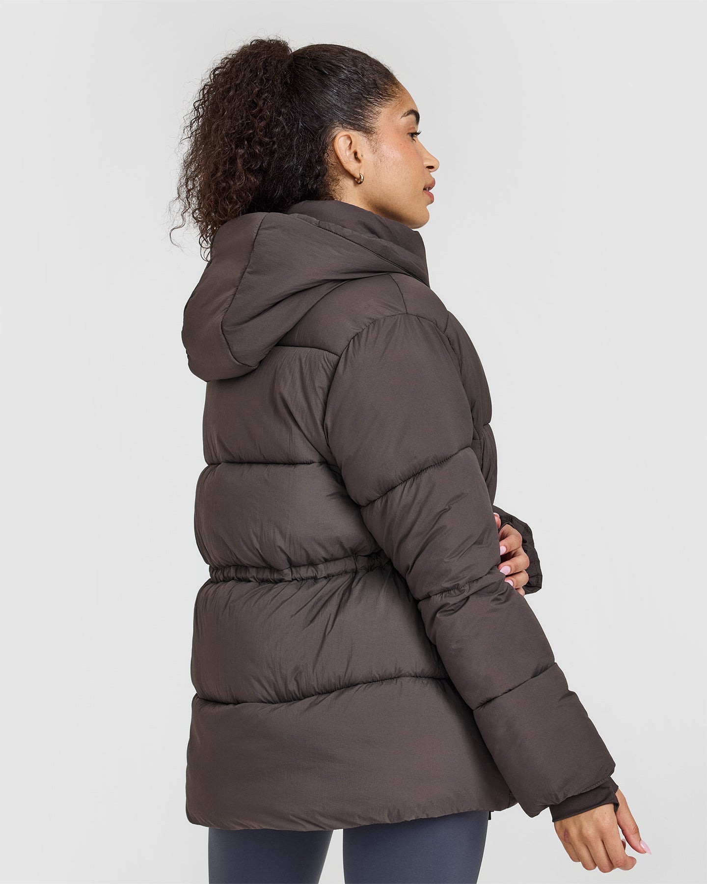 Truffle Brown Mid Length Puffer Jacket for Women - Warm Winter Coat with Hood, Lightweight Insulated Outerwear for Cold Weather - Perfect for Snowboarding, Skiing & Outdoor Activities