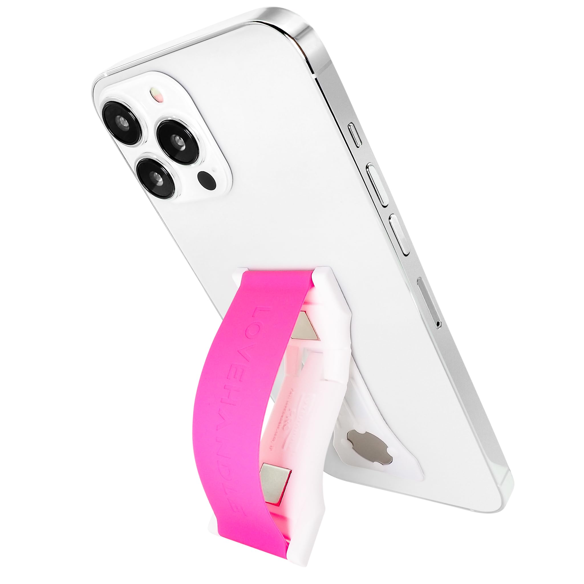 LOVEHANDLE PRO Premium Phone Grip - Magnetic Phone Holder & Kickstand for iPhone, Samsung, Smartphones & Tablets - Non-Slip Silicone Strap (Hot Pink/White) - Perfect for Driving, Workouts & Hands-Free Use