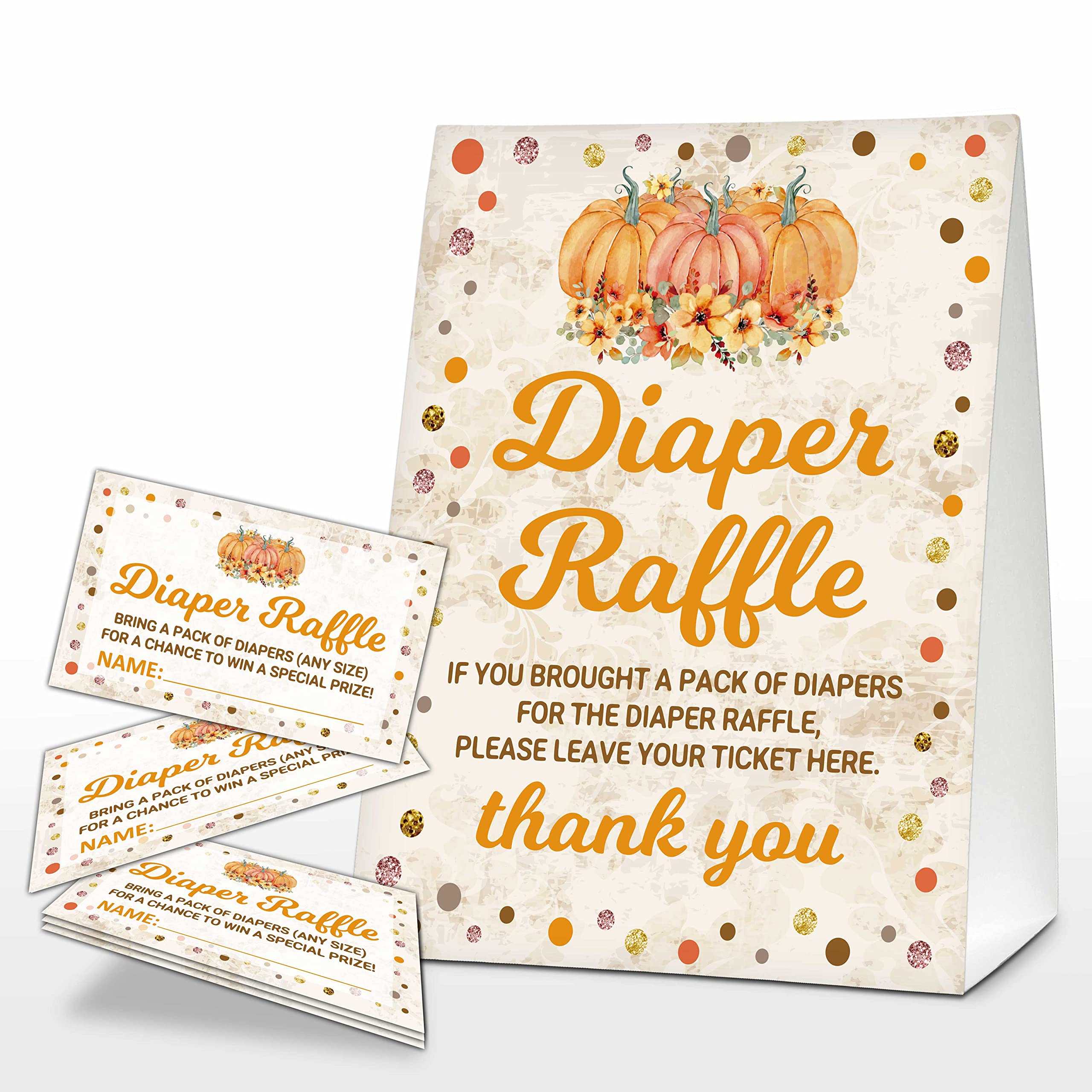 Thanksgiving Diaper Raffle Sign - Rustic Fall Baby Shower Game with Little Pumpkin Diaper Raffle Tickets - Autumn Baby Shower Decorations for Boys & Girls (1 Sign + 50 Guessing Cards) - Perfect for Thanksgiving Baby Showers and Fall-Themed Celebrations
