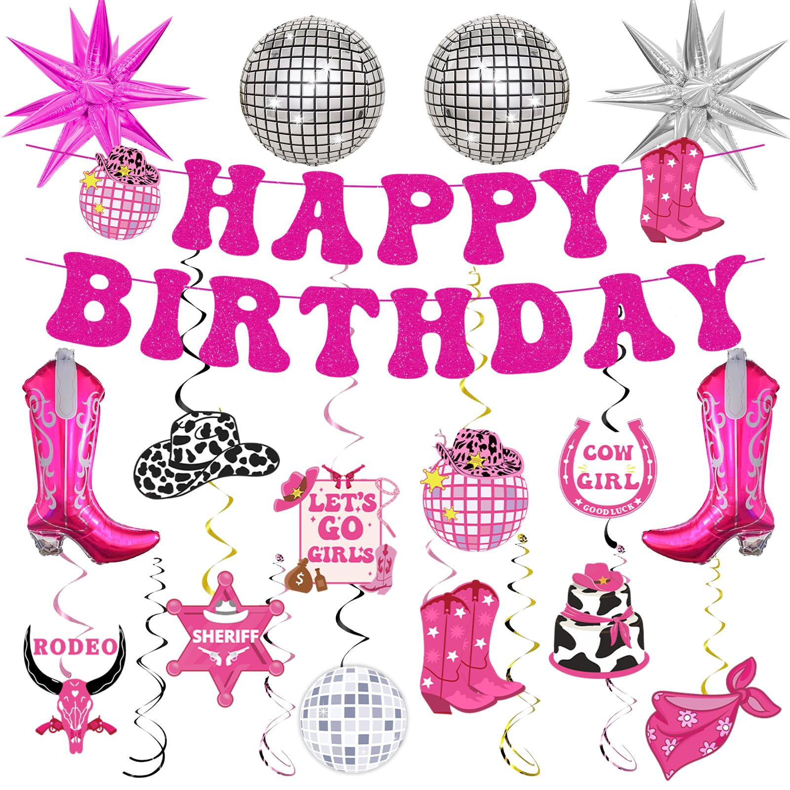 32-Piece Disco Cowgirl Birthday Party Decorations Set - Western Theme Hot Pink Happy Birthday Banner, Balloons & Bachelorette Party Supplies for Women & Girls | Perfect for Last Rodeo, Cowgirl-Themed Parties & Wild West Celebrations