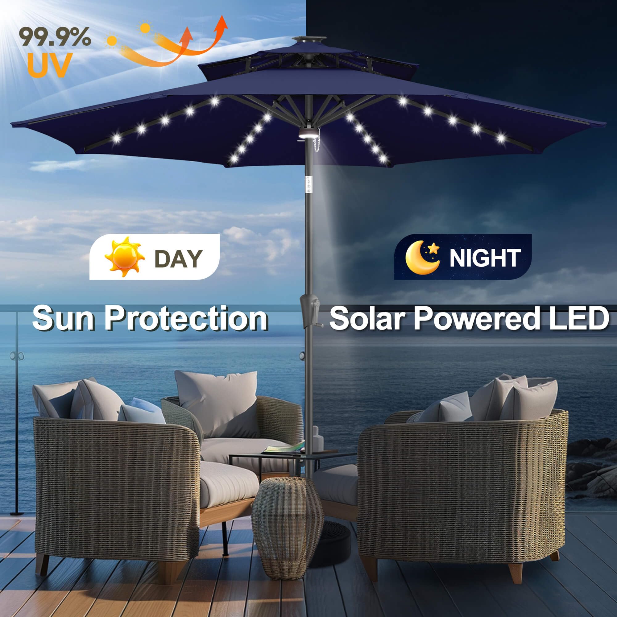 FLAME&SHADE 9ft Solar Powered LED Patio Umbrella with Tilt - Navy Blue Outdoor Market Table Umbrella for Poolside, Garden, and Backyard Dining