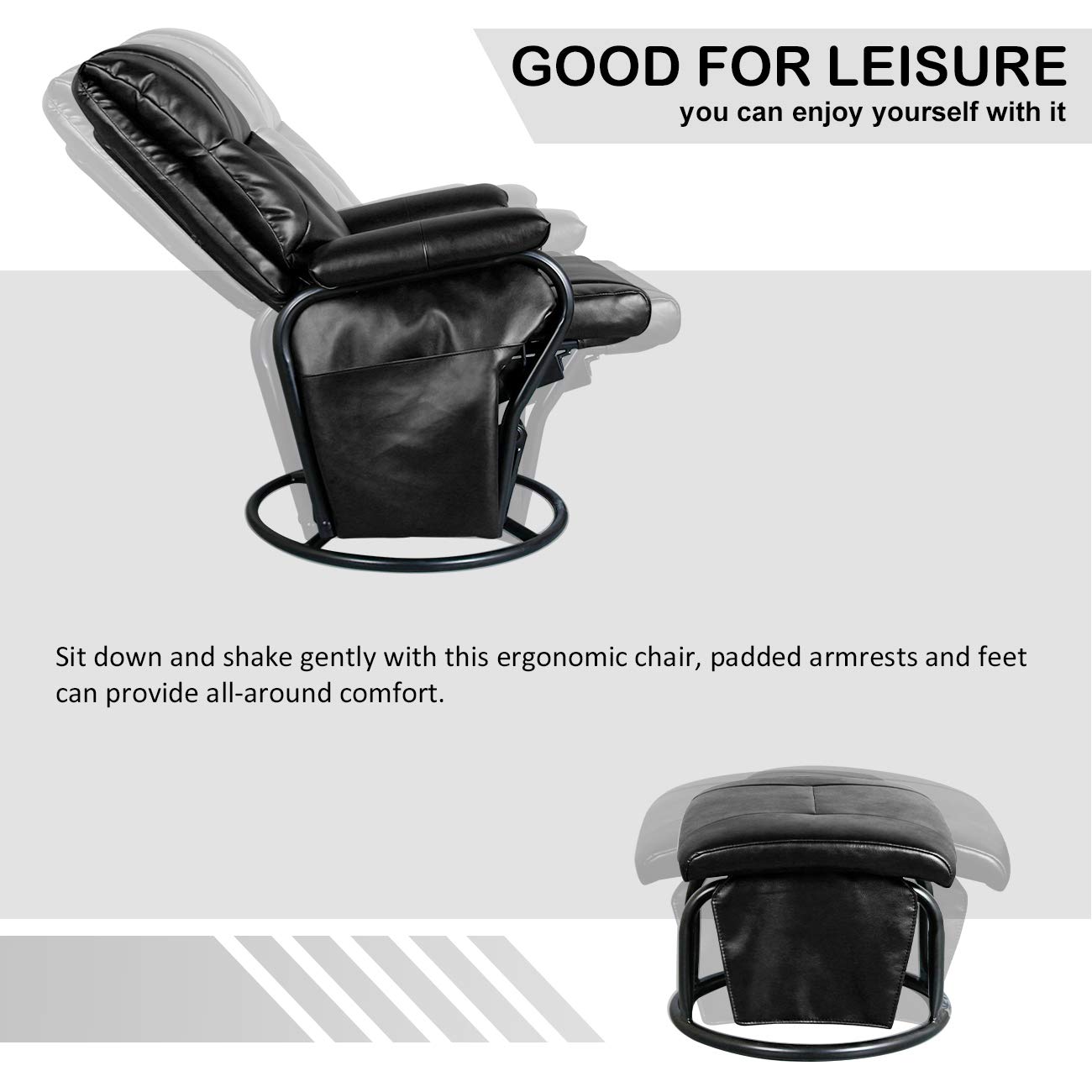 360° Swivel Glider Chair with Ottoman - PU Leather Rocking Recliner Lounge Chair Set for Living Room, Nursery & Patio (Black) - Comfortable Sliding Armchair for Relaxation & Nursing