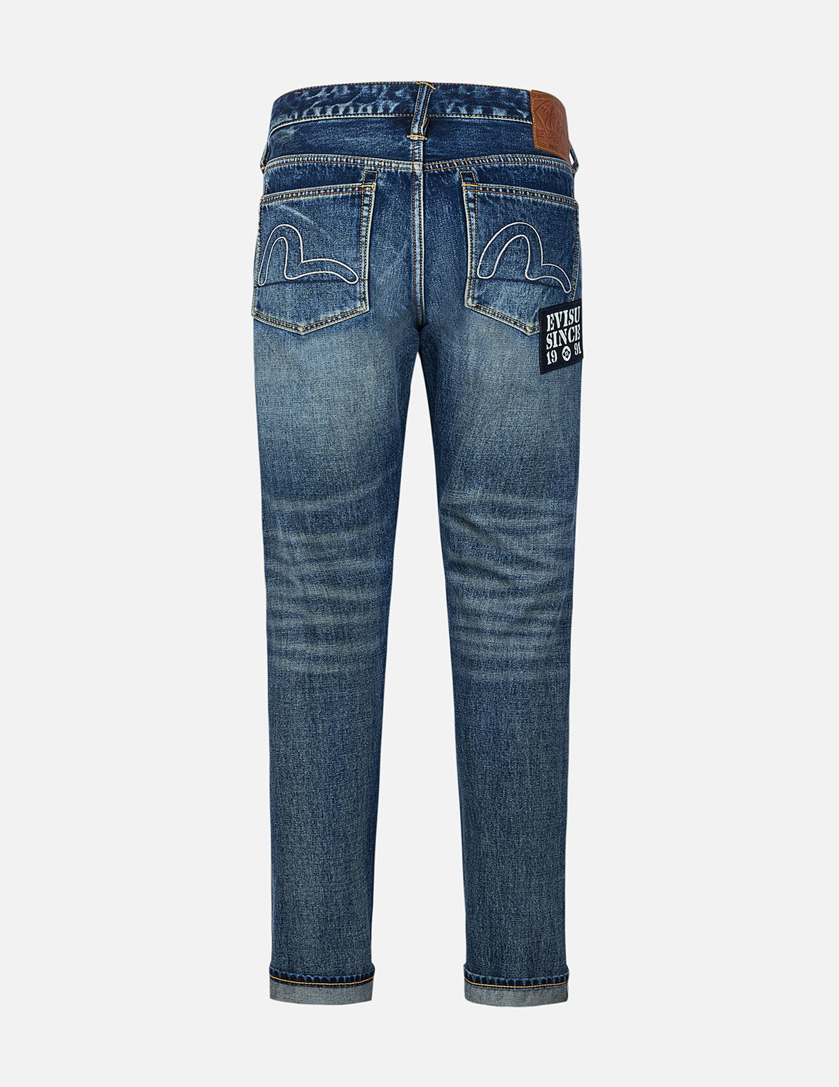 EVISU SINCE 1991 Embroidered Seagull Print Patch Carrot Fit Jeans for Men - Vintage Denim Pants with Unique Design, Perfect for Streetwear and Casual Outfits