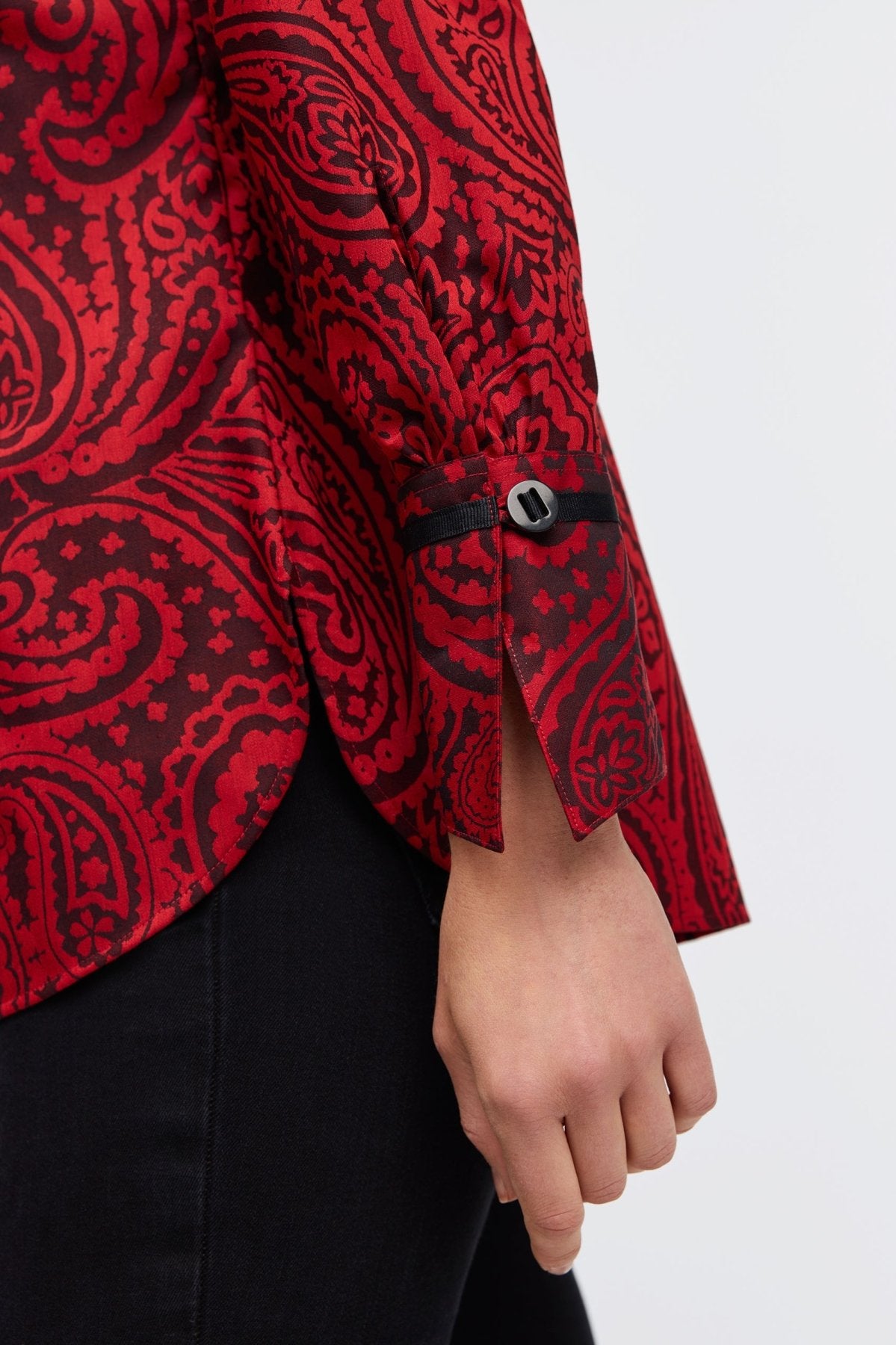 Elegant Iris Red Paisley Jacquard Long Sleeve Tunic Top for Women - Boho Chic Blouse for Casual Wear, Office Outfits & Special Occasions