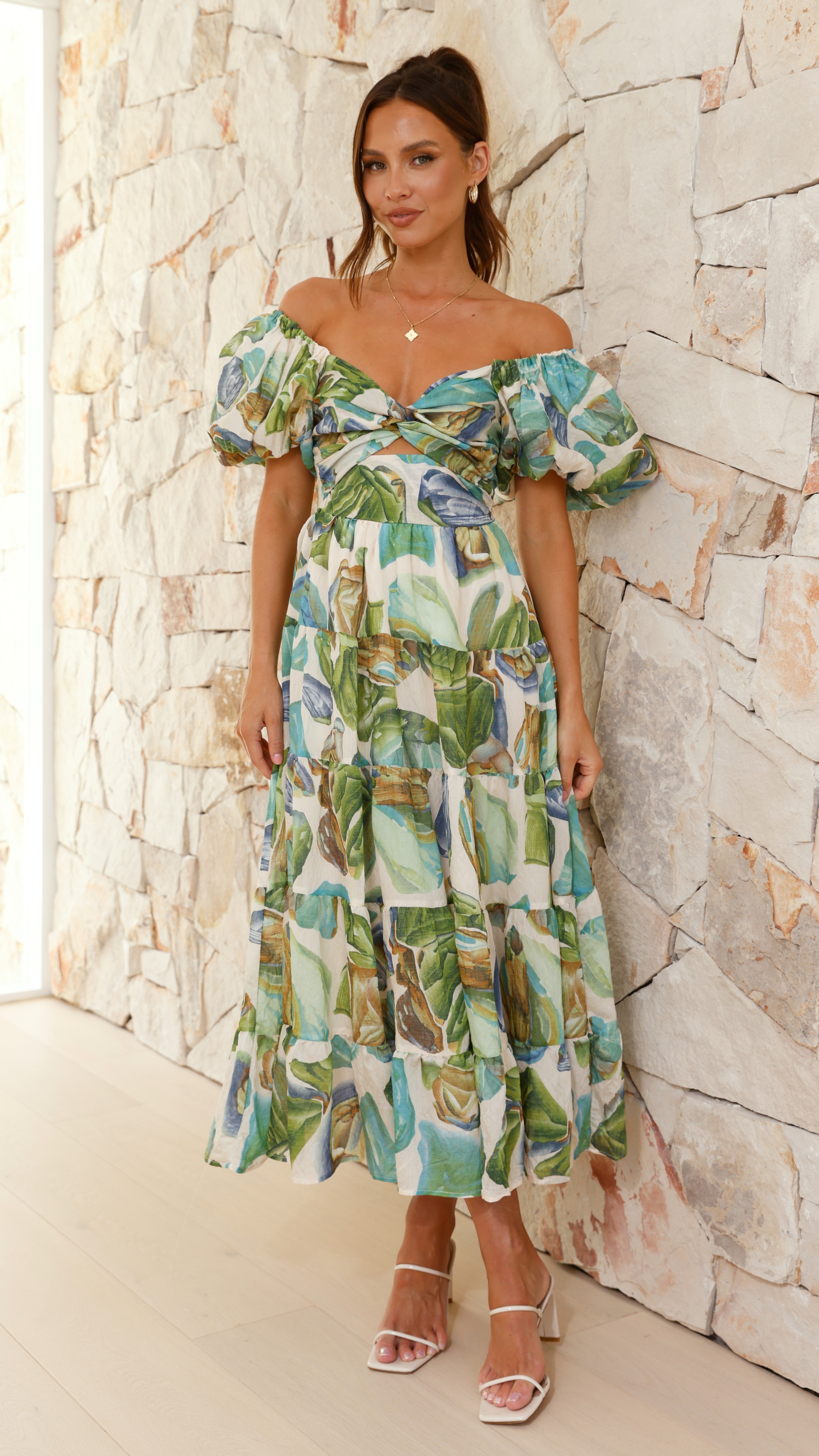 Balthazar Maxi Dress - Green & Blue Floral Print, Women's Summer Beach Dress for Vacation, Party, and Casual Wear