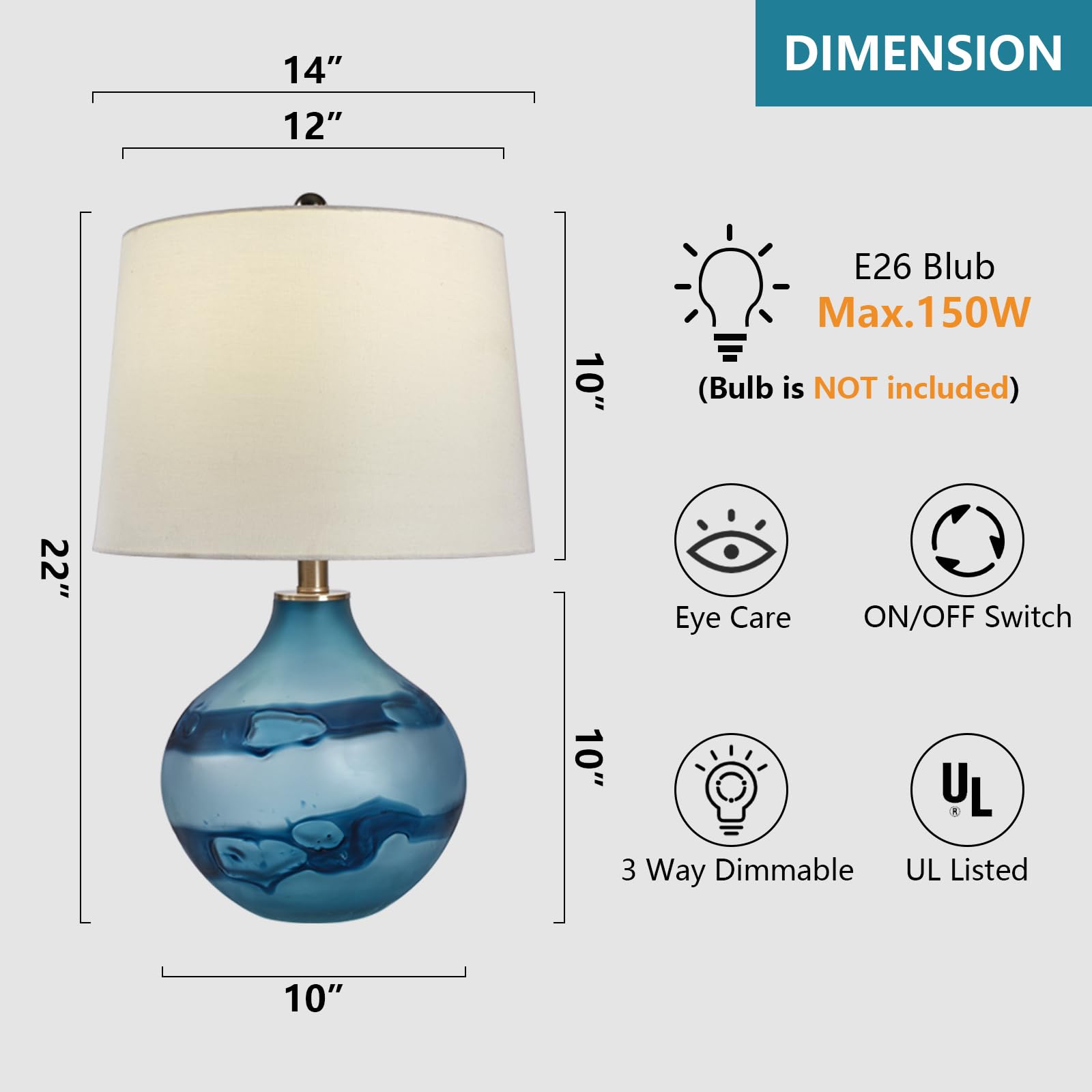Maxax Glass Table Lamps Set of 2 - Large Blue Bedside Nightstand Lamps with White Drum Shade for Bedroom, Living Room & Office Decor | Perfect for Reading, Relaxing & Creating Ambient Lighting