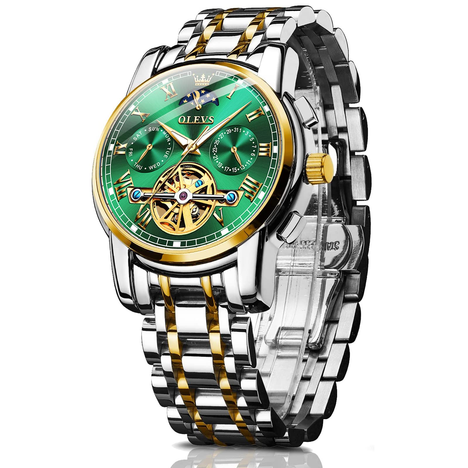OLEVS Men's Automatic Self-Winding Skeleton Watch with Mechanical Tourbillon - Luxury Stainless Steel Dress Watch for Business & Formal Occasions (Black/Blue/Green) - Perfect Gift for Men, Father's Day & Anniversary