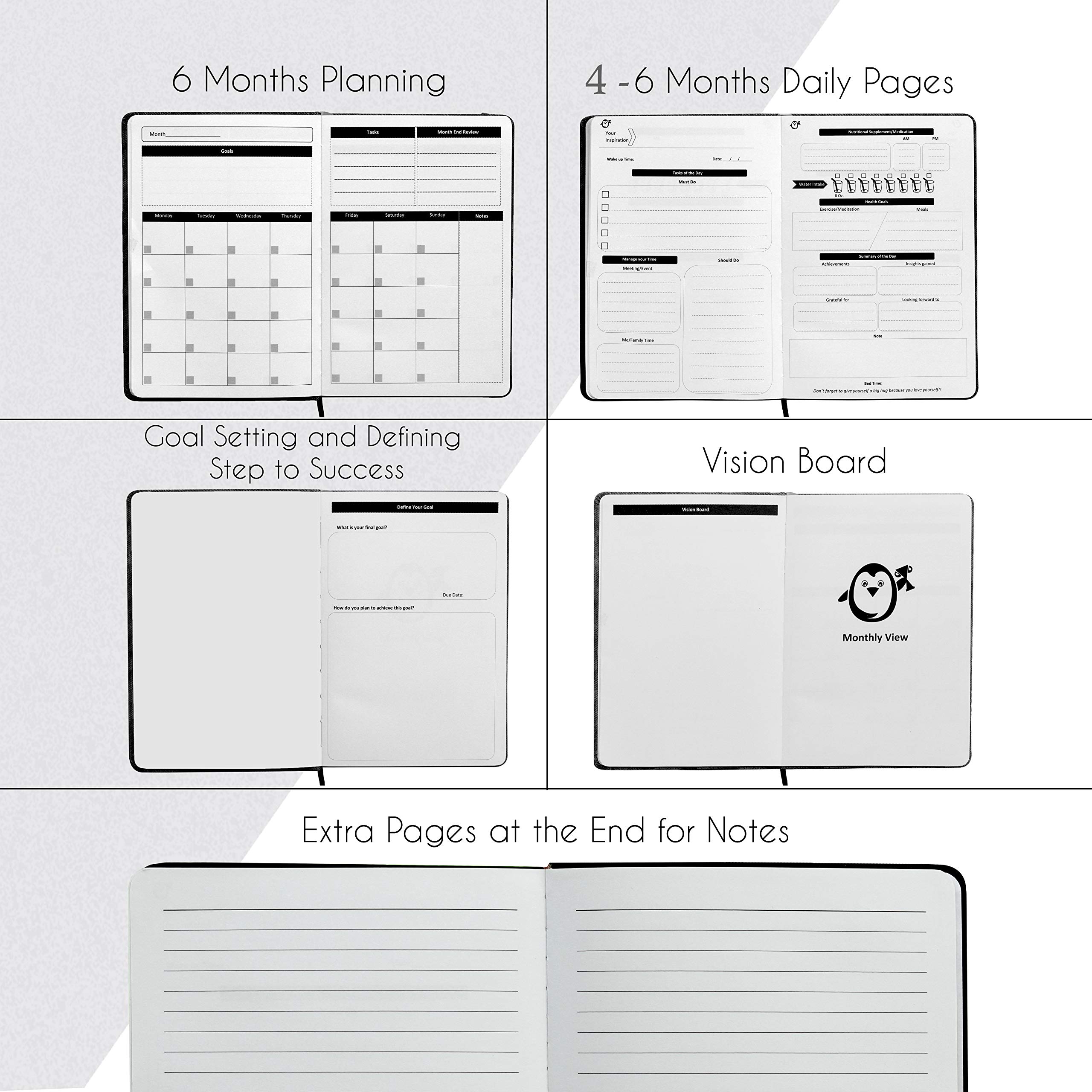 Penguin Planner Undated Daily Planner for Productivity & Time Management - Gratitude Journal & Self-Care Notebook (Red) | Perfect for Work, School, and Personal Goal Tracking