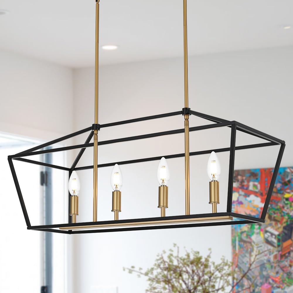 4-Light Farmhouse Linear Chandelier - Adjustable Height Kitchen Island Pendant Lighting for Dining Room, Breakfast Nook & Bar Counter | Modern Rustic Ceiling Light Fixture for Table Hanging