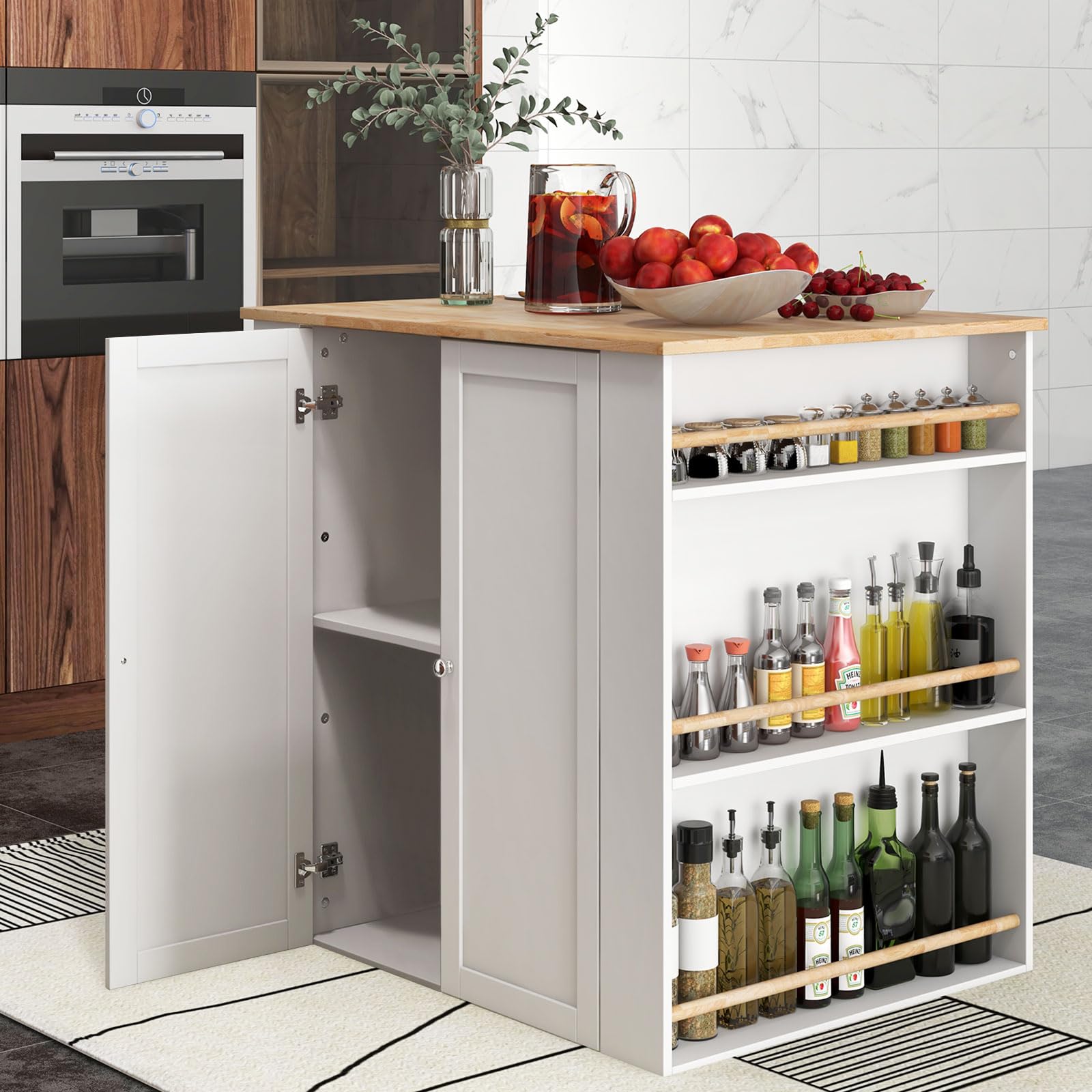 Moccha Kitchen Island with Storage Cabinet - 2 Doors, 2 Drawers, 6-Tier Spice Rack & Open Shelves - White Wood Counter Table for Dining Room (29.5