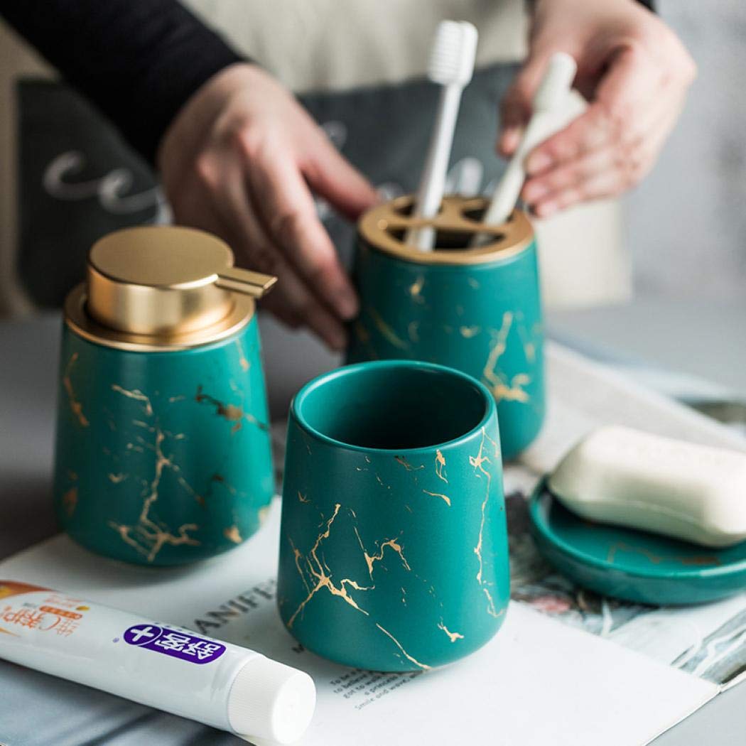Luxury 4-Piece Marble Pattern Ceramic Bathroom Accessories Set with Soap Dispenser - Modern Dark Green Bath Decor for Home & Hotel Use