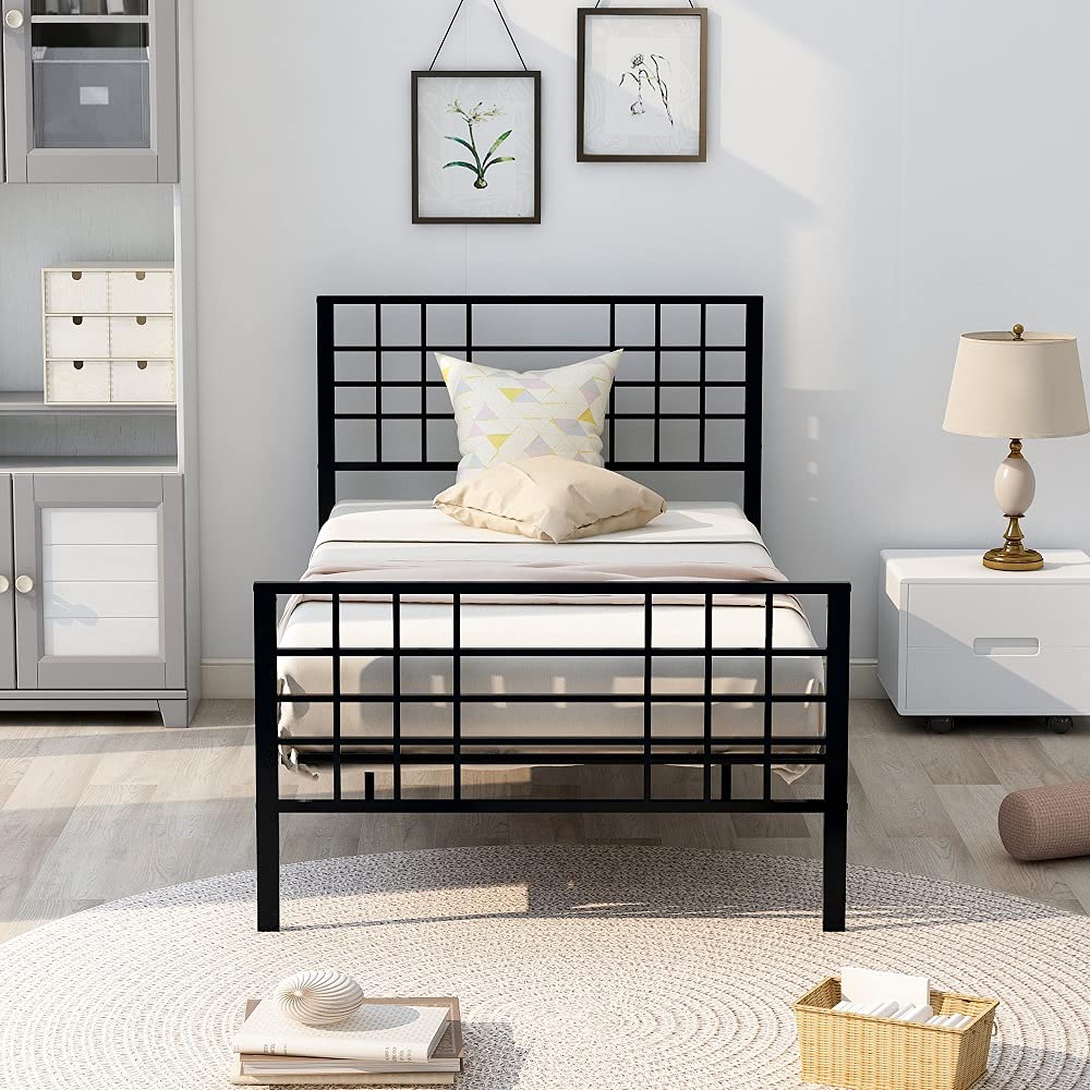 Metal Platform Bed Frame with Headboard & Footboard - Twin Size Mattress Base, Sturdy Iron-Art Design for Bedroom, Dorm, Kids Room | Black Steel Finish | Space-Saving & Easy Assembly | Perfect for Small Spaces & Teen Bedrooms