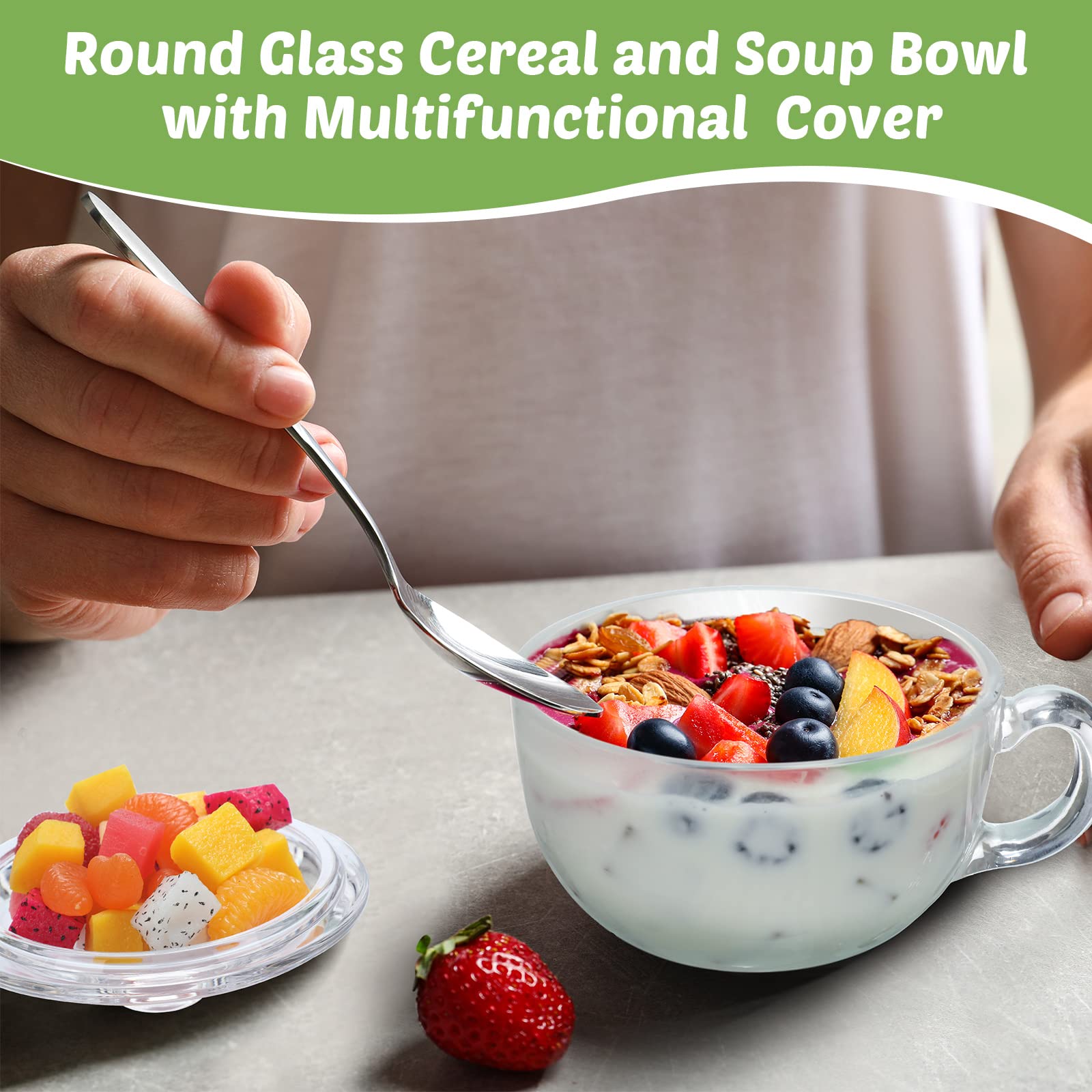 2-Pack Clear Glass Ramen Bowls with Lids & Handles - Microwave Safe Mixing Bowls for Cooking (20oz/600ml) - Perfect for Noodles, Soup, Cereal, Breakfast & Fruit Serving