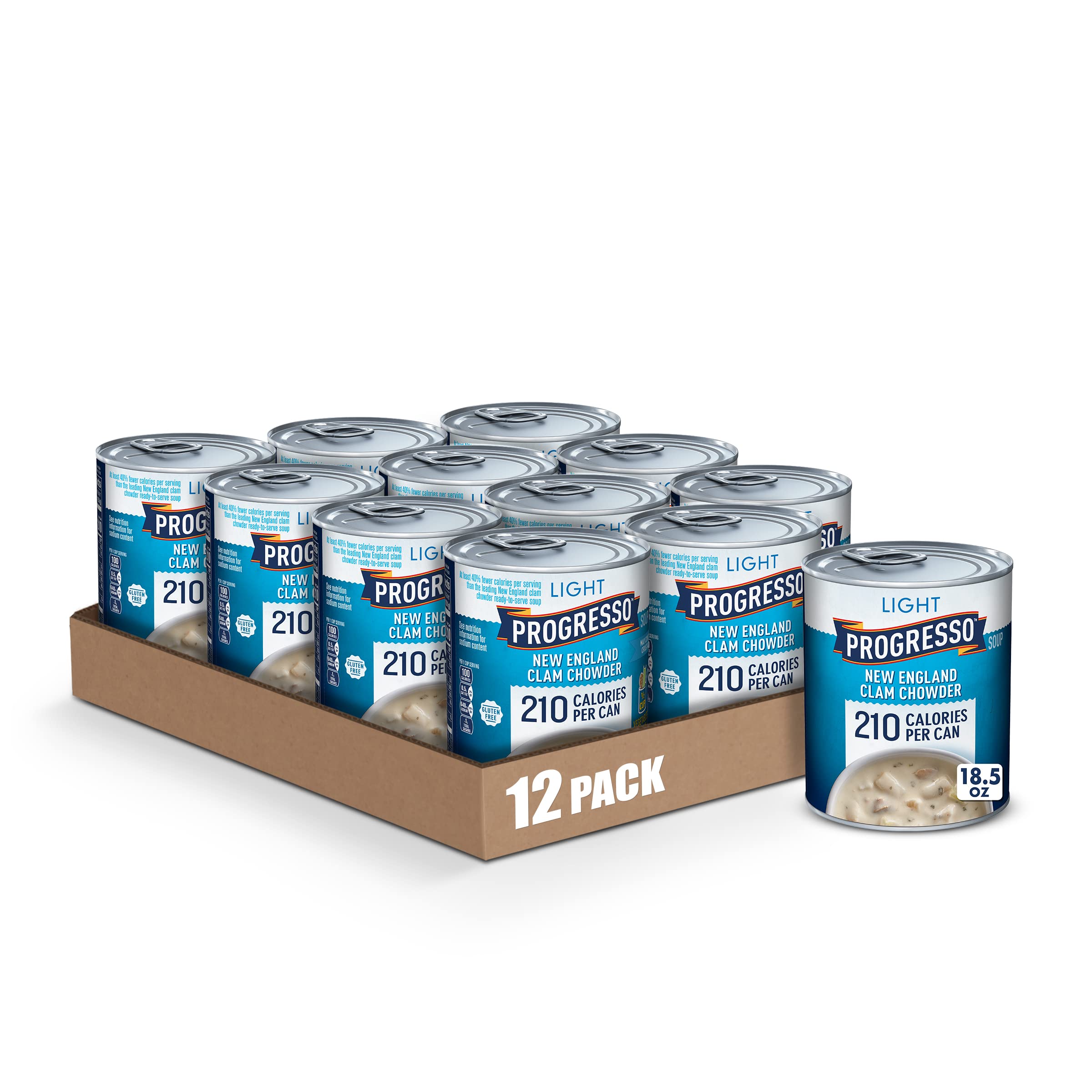 Progresso Light New England Clam Chowder Soup - Gluten Free, Low Calorie, 18.5 oz Can (Pack of 12) | Healthy Canned Soup for Quick Lunches, Camping & Emergency Food Storage