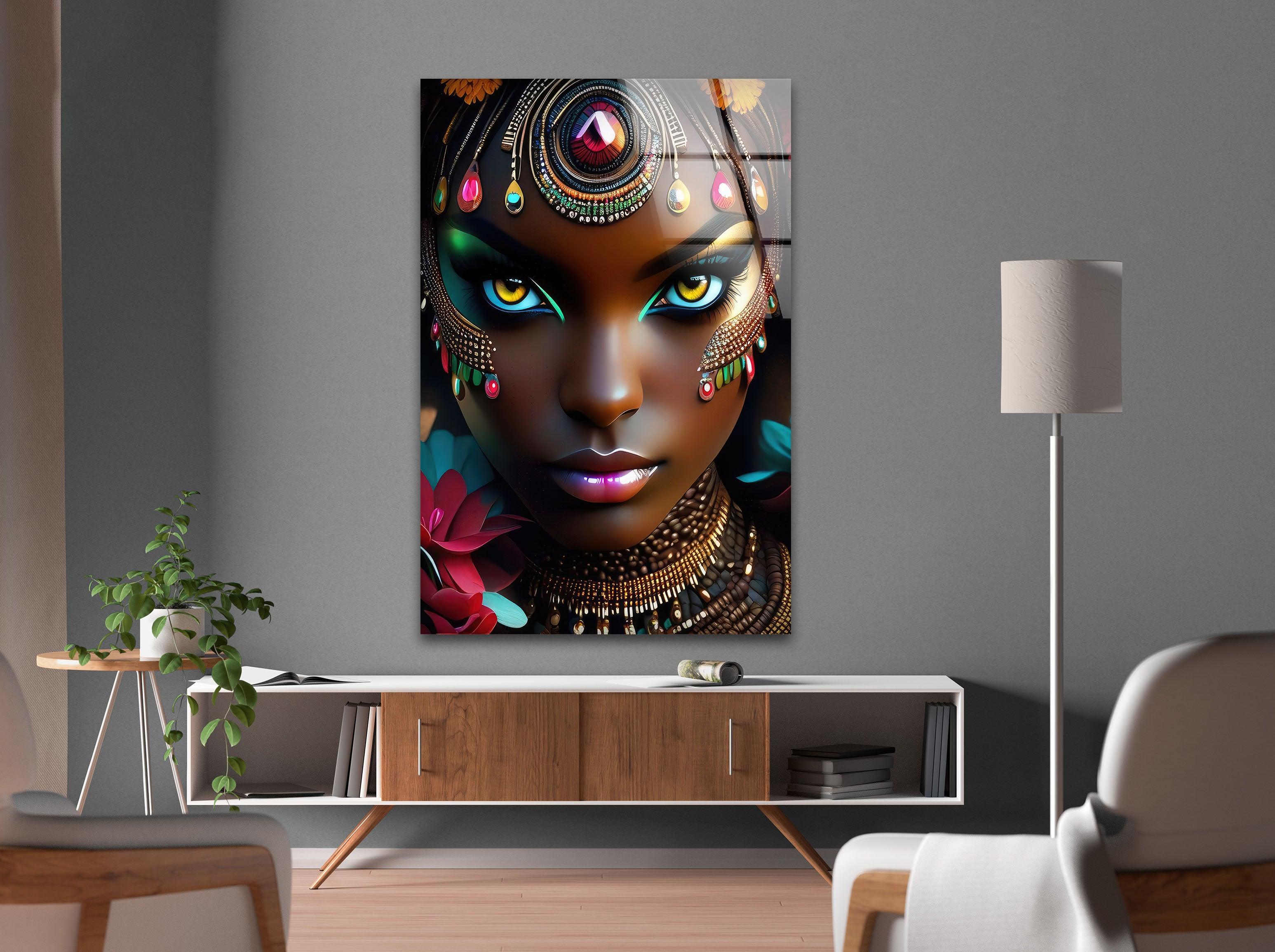 Vibrant African Woman Glass Wall Art - Handmade Modern Home Decor for Living Room, Bedroom & Office - Unique Gift Idea for Housewarming & Holidays