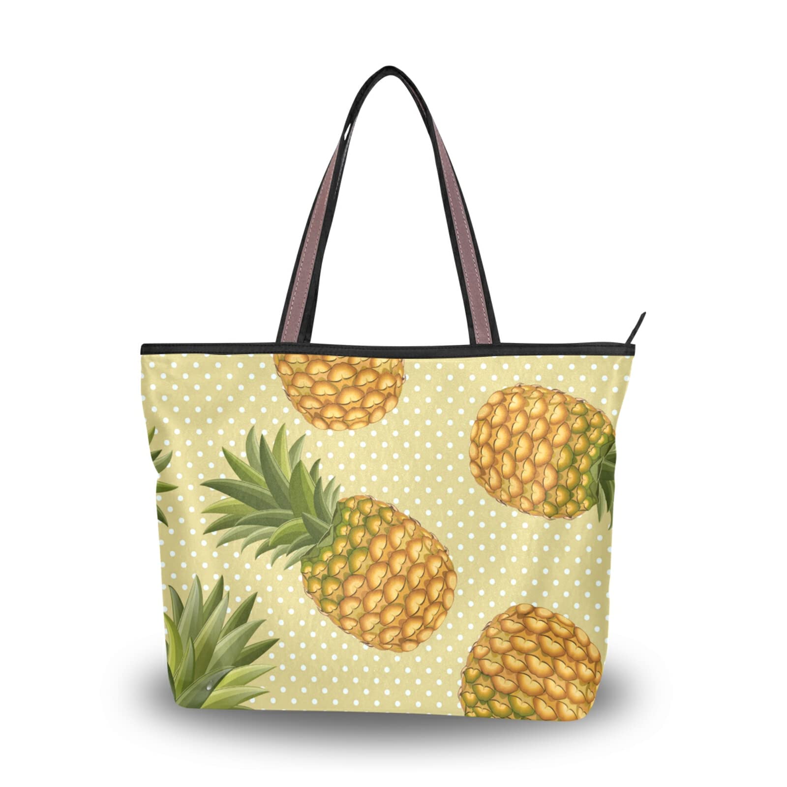 Stylish Tropical Pineapple Print Tote Bag for Women - Large Capacity Zipper Grocery Bag, Durable Reusable Shopping Purse (2 Size Options) - Perfect for Beach Trips, Grocery Shopping & Daily Errands