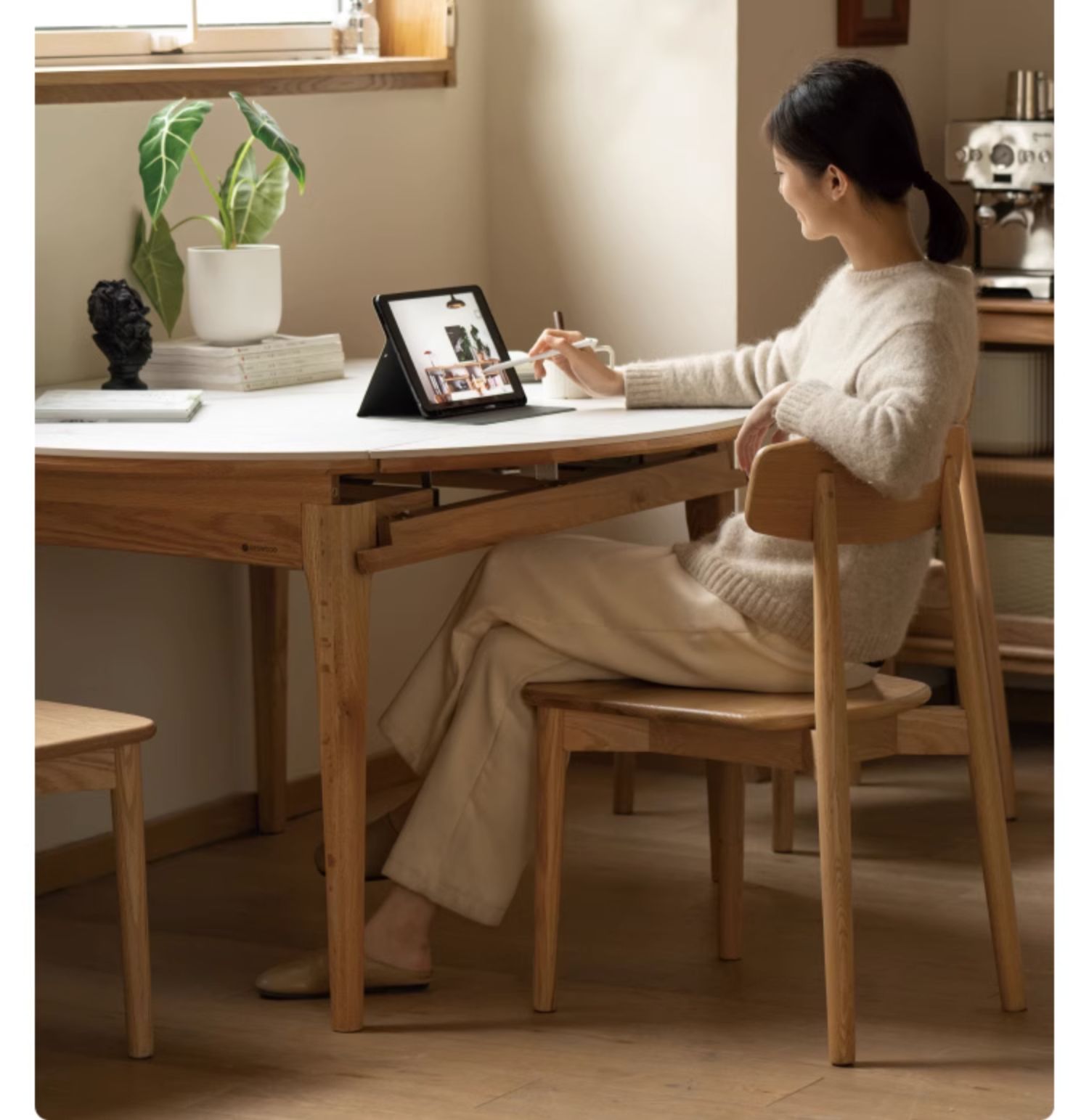 Solid Oak Round Folding Dining Table with Natural Stone Slab Top - Perfect for Small Spaces, Outdoor Dining & Home Decor
