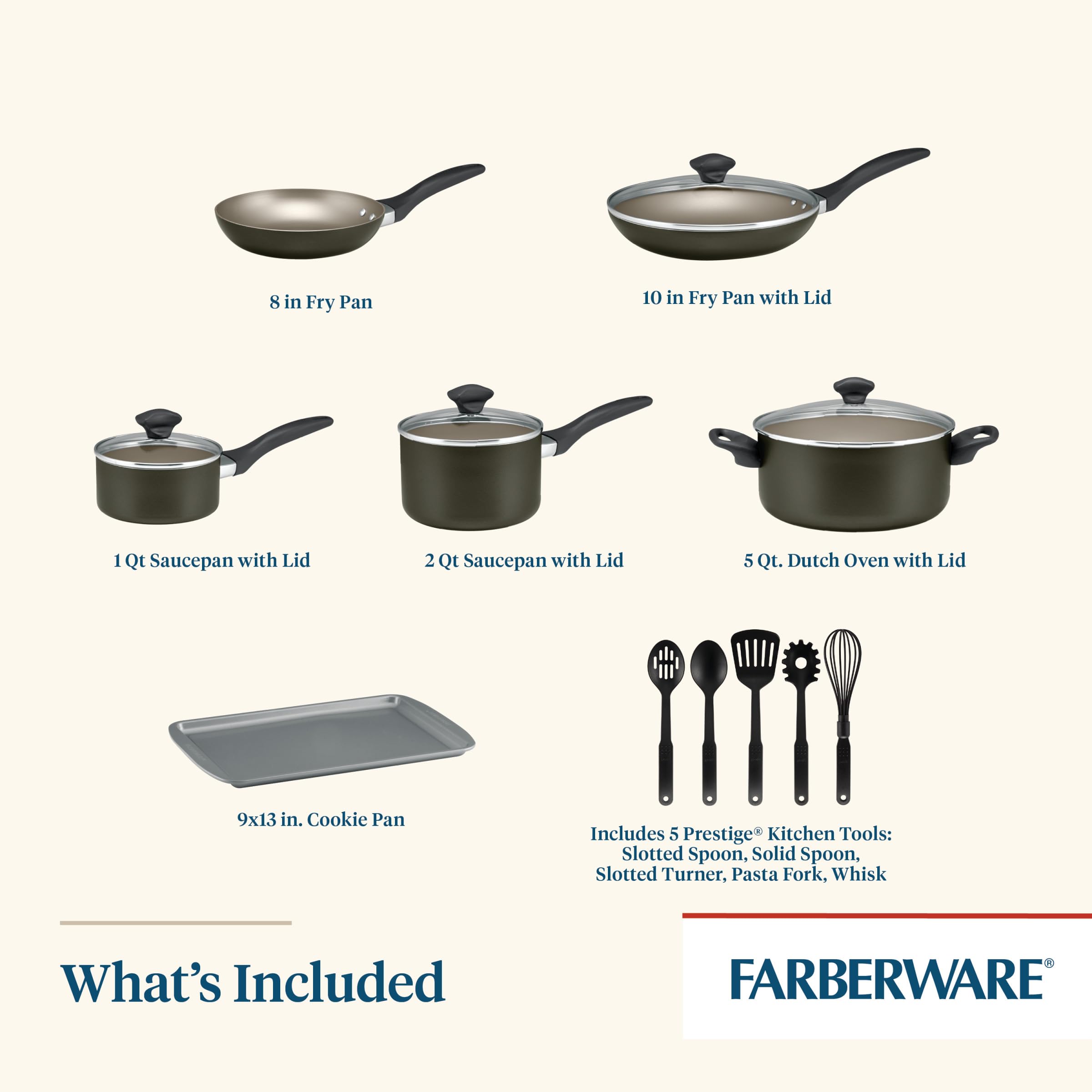 Farberware 15-Piece Nonstick Cookware Set - Dishwasher Safe Pots and Pans in Pewter Finish for Easy Cooking & Cleaning | Perfect for Family Dinners, Meal Prep & Professional Kitchens
