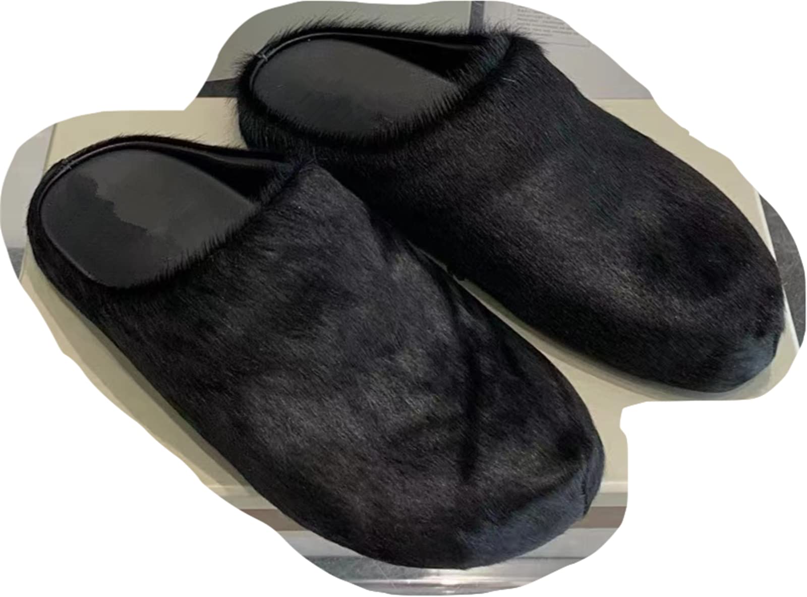 MSS3 Real Goat Hair Slides - Thick Sole Solid Color Closed-Toe Slippers for Women & Men (Size 13, Black) - Cozy Winter Indoor House Shoes for Home, Office & Relaxation
