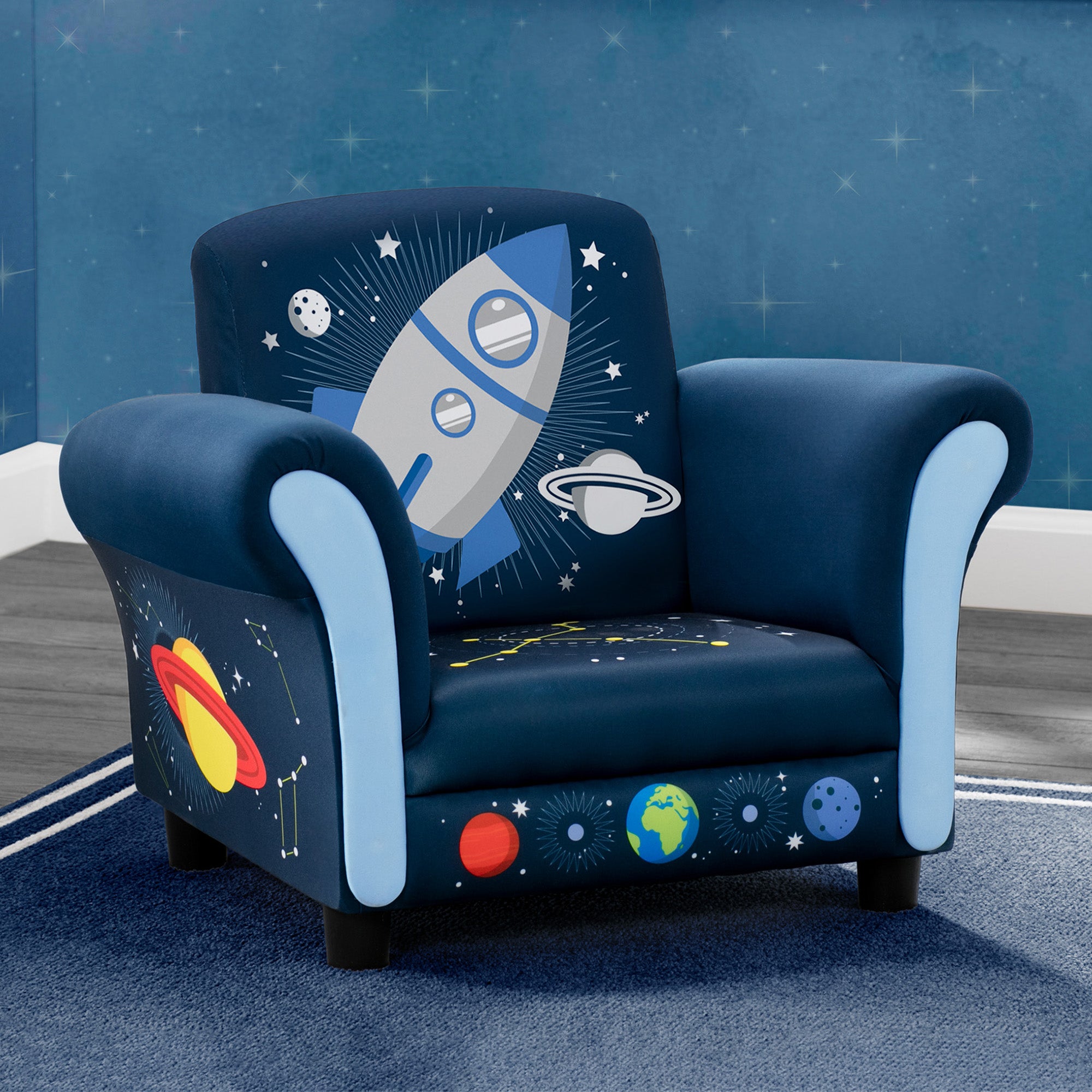 Space Adventures Kids Upholstered Chair - Comfy & Durable Children's Reading Chair for Bedroom, Playroom & Classroom - NASA Themed Space Decor for Boys & Girls