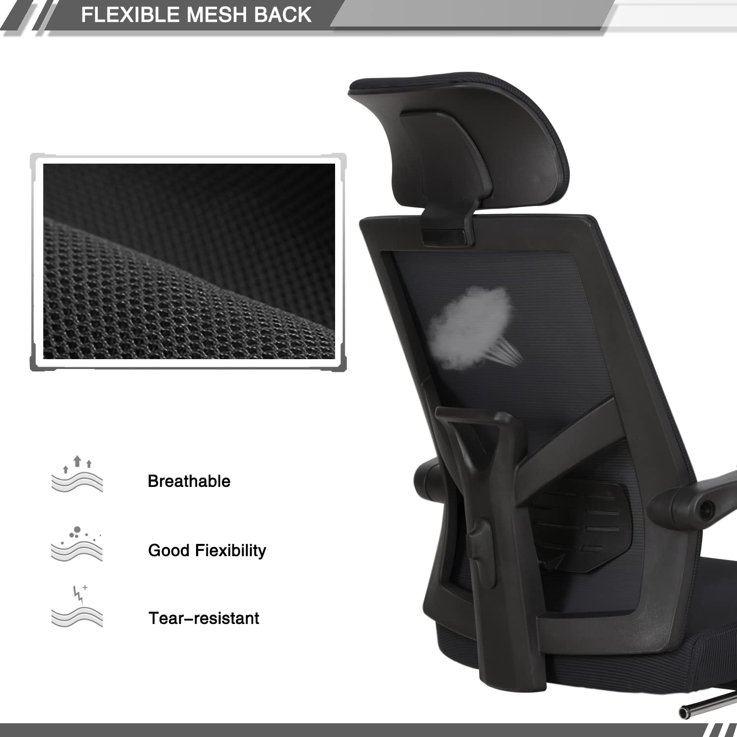 Qulomvs Mesh Ergonomic Office Chair with Adjustable Headrest, Lumbar Support & Footrest - 90-135° Reclining Home Office Desk Chair with 360° Swivel & Wheels - Perfect for Long Work Sessions, Gaming & Remote Work