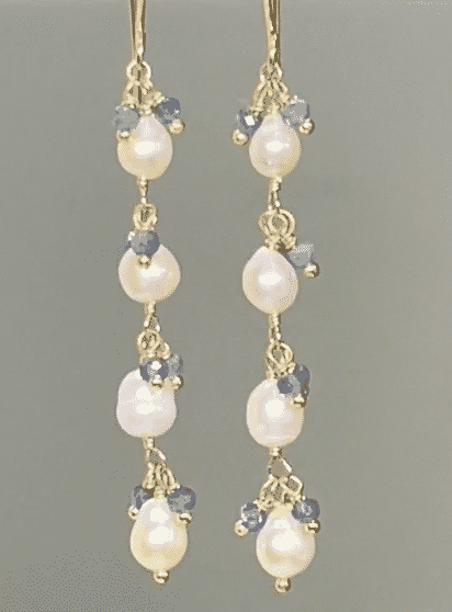 Blue Sapphire and Pearl Long Dainty Earrings - Gold Filled Elegant Jewelry for Women | Perfect for Weddings, Parties & Special Occasions