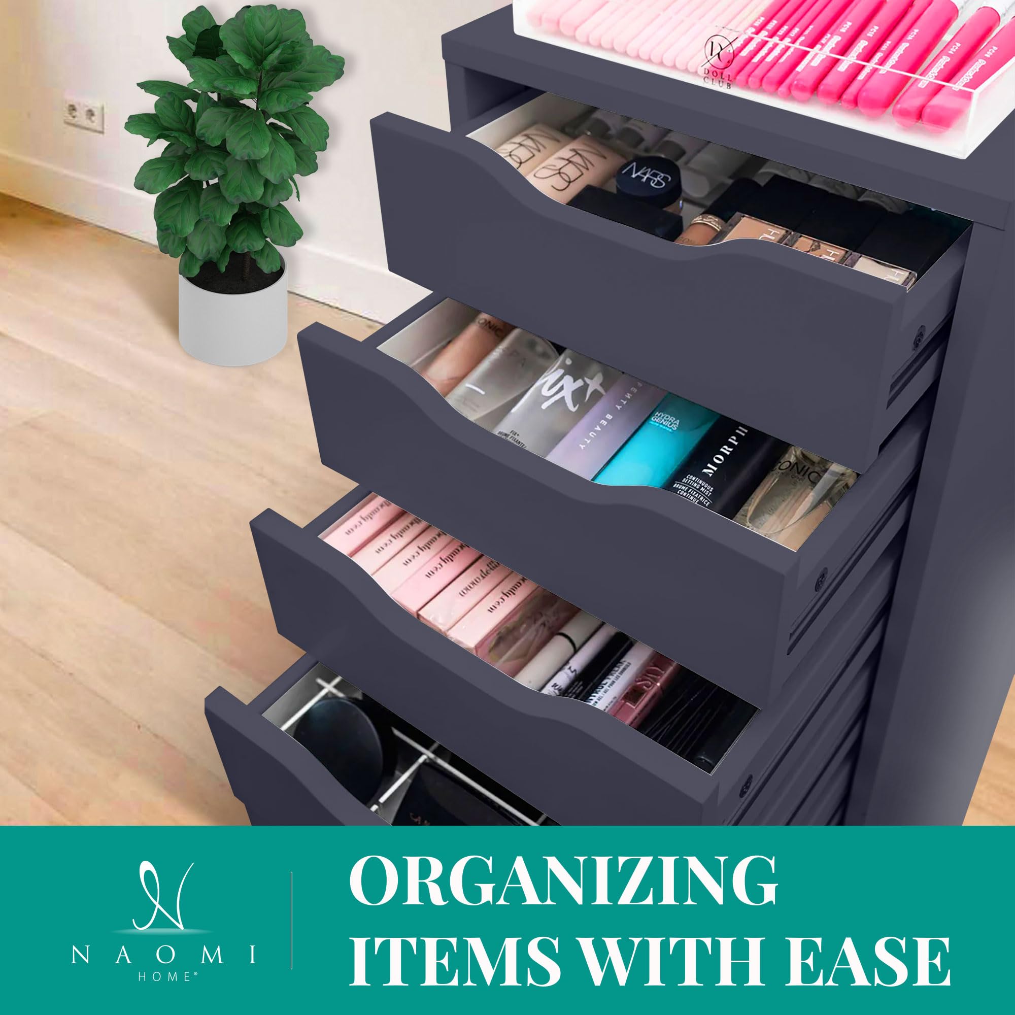 Naomi Home Debbie 7-Drawer Rolling Storage Cabinet - Black | Versatile Organizer for Crafts, Office Files & Home Storage | Mobile Chest for Bedroom, Living Room & Workspace