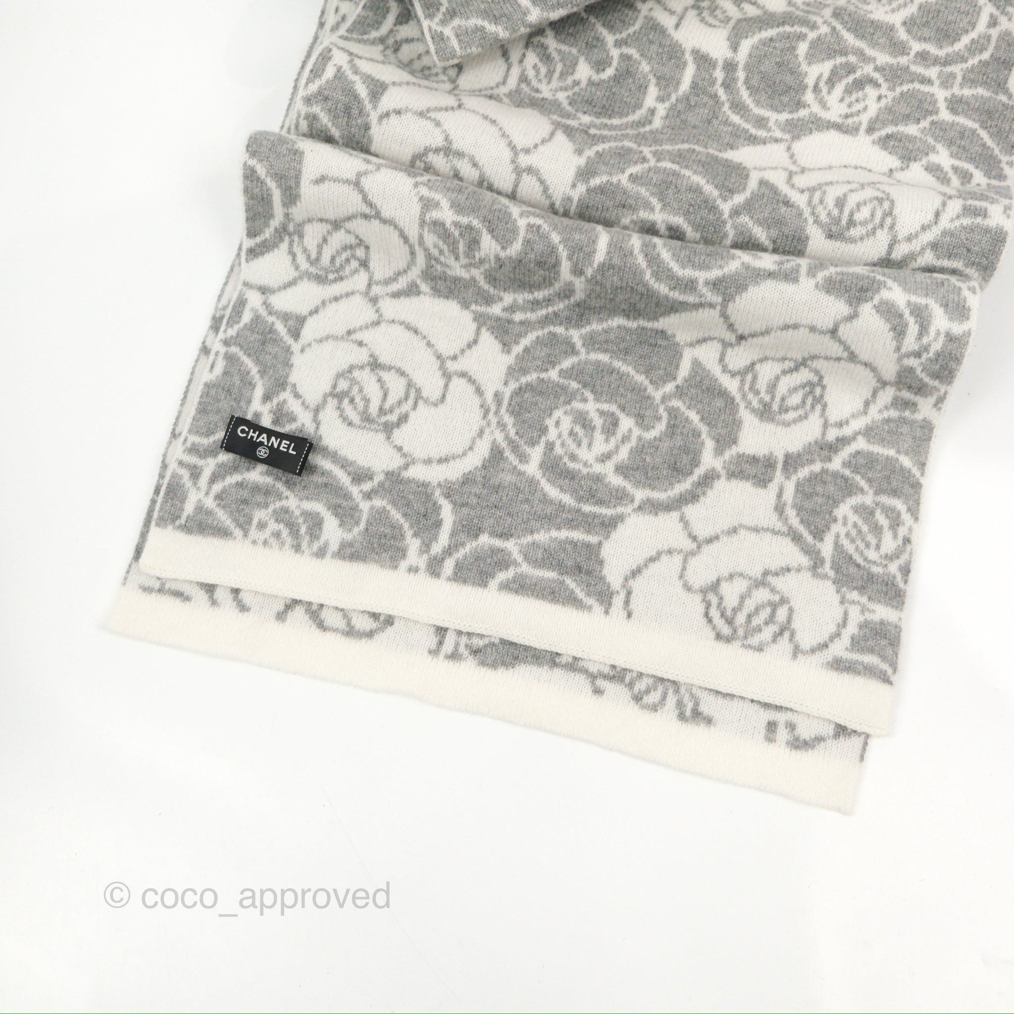 Chanel Camellia Grey & White Cashmere Scarf - Luxury Soft Winter Wrap for Women, Perfect for Cold Weather & Fashion Accessories