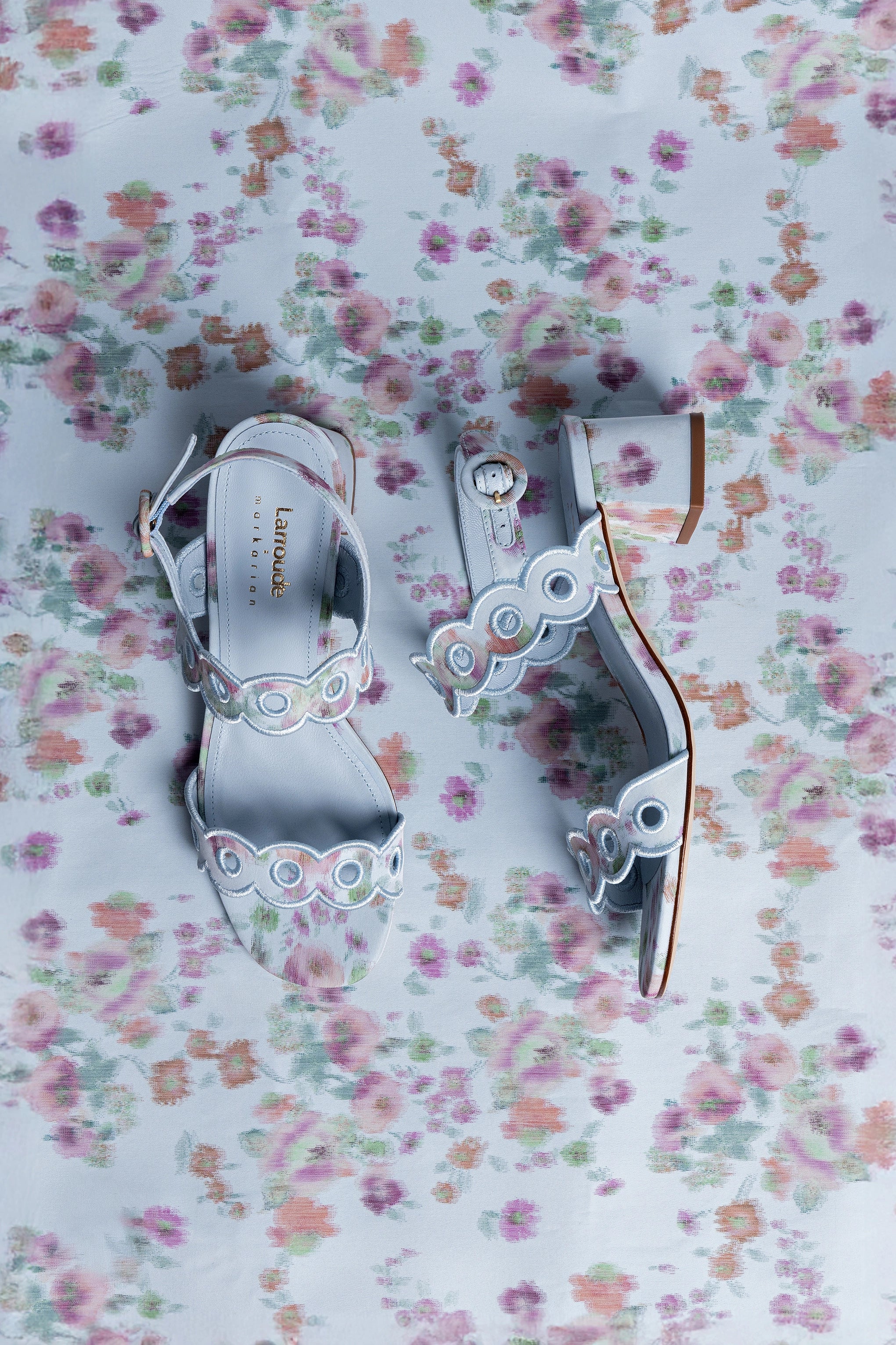 Larroudé x Markarian Florence Embroidered Apple Blue Floral Ikat Heels - Elegant Women's Dress Shoes for Weddings & Special Occasions