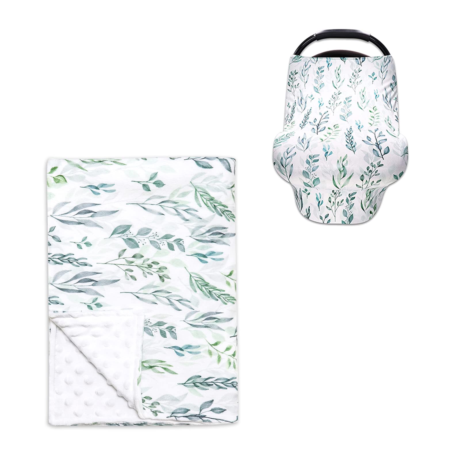 Organic Cotton Baby Car Seat Cover & Blanket Set - Soft Green Leaf Design for Infants & Toddlers | Safe, Breathable & Machine Washable | Perfect for Strollers, Car Seats & Nursery Comfort