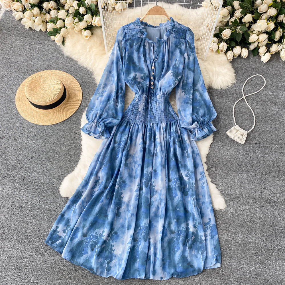 Elegant Printed French Dress with Puff Sleeves - Flowy Fairy Long Skirt for Women | Perfect for Weddings, Parties & Romantic Dates