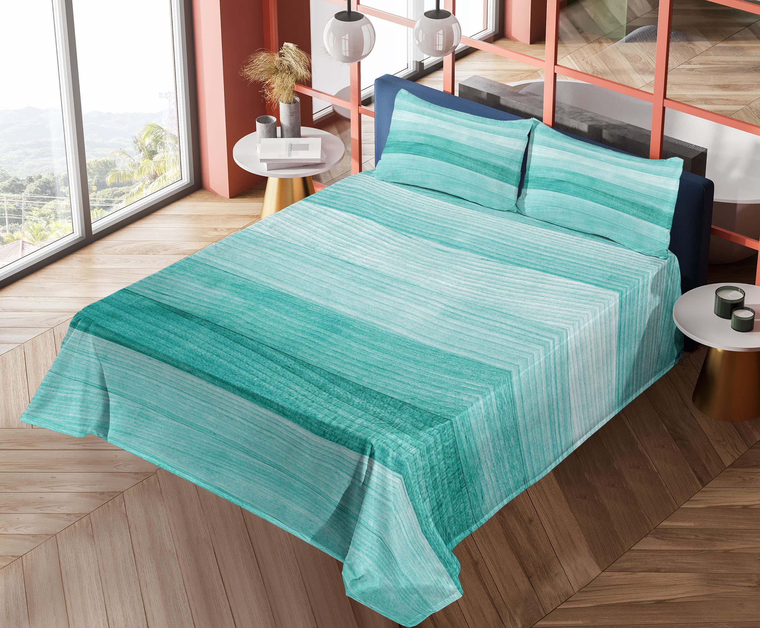 Ambesonne 4-Piece Teal Sheet Set with Painted Wood Board Print - Fitted Sheet, Flat Sheet & 2 Pillowcases - Turquoise Bedding for Easter, Holidays & Birthday Decor - Perfect for Guest Rooms, Dorms & Cozy Bedroom Makeovers