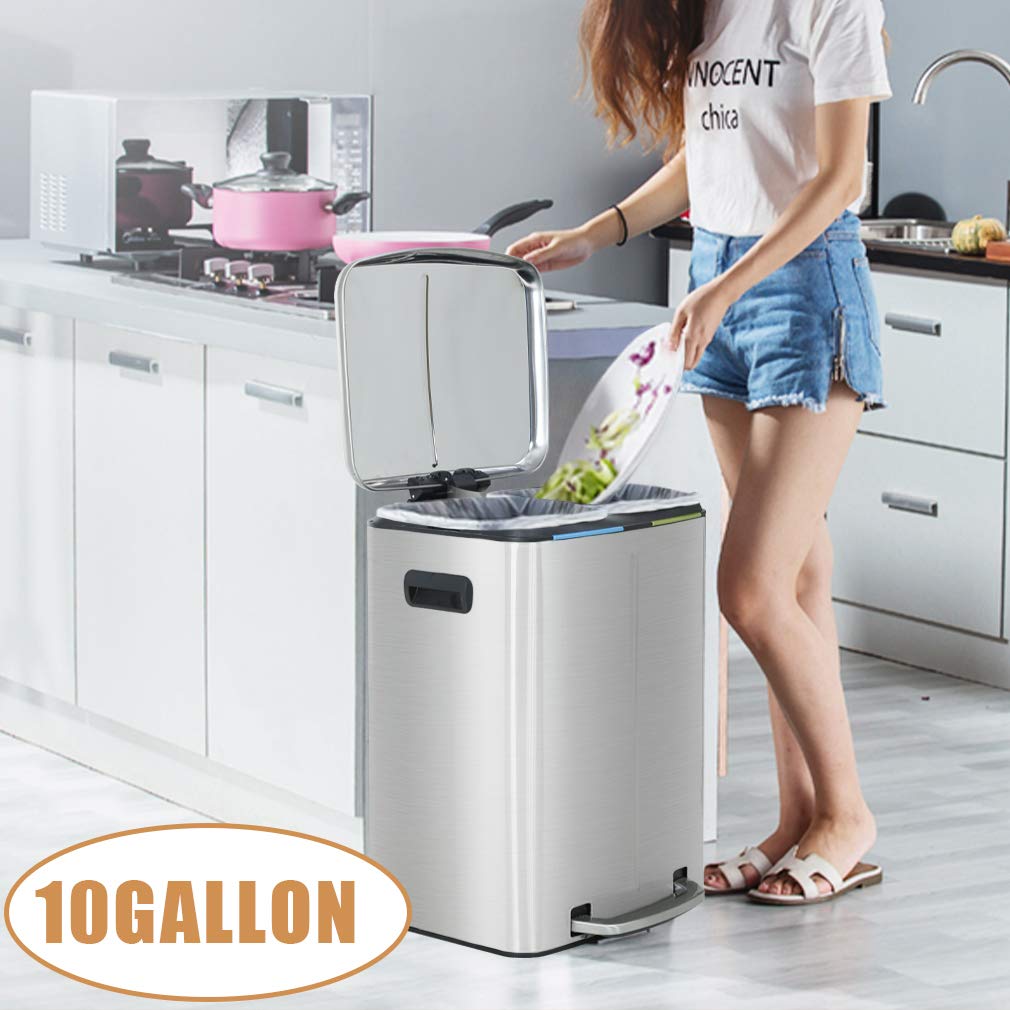 10 Gallon (40L) Stainless Steel Step Trash Can with Lid - Large Metal Waste Bin for Office, Kitchen, Bathroom - Includes 2 Removable Liner Buckets - Perfect for Recycling, Garbage Disposal & Home Organization