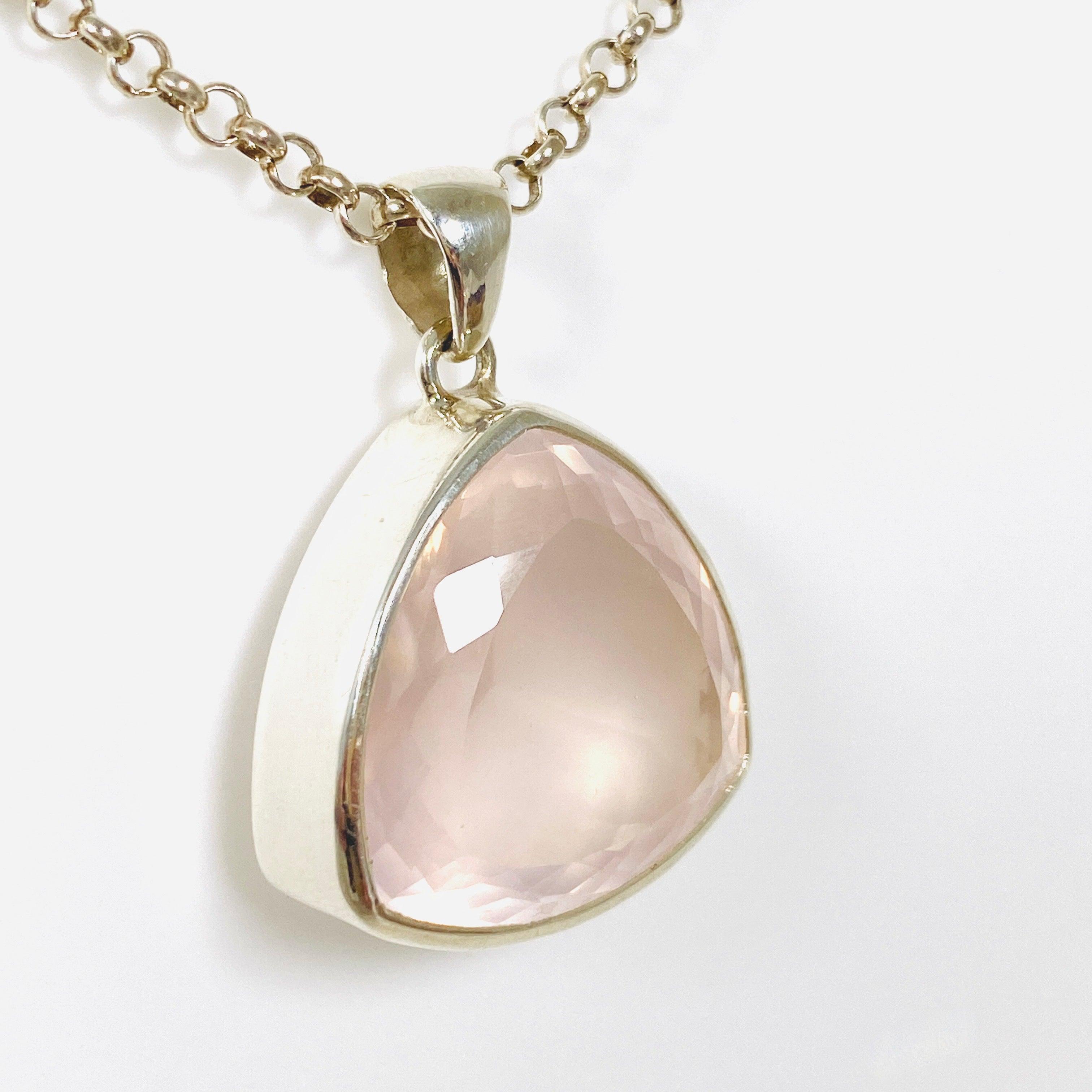 Rose Quartz Faceted Triangular Pendant Necklace KPGJ3995 - Elegant Healing Crystal Jewelry for Women, Meditation & Spiritual Gifts