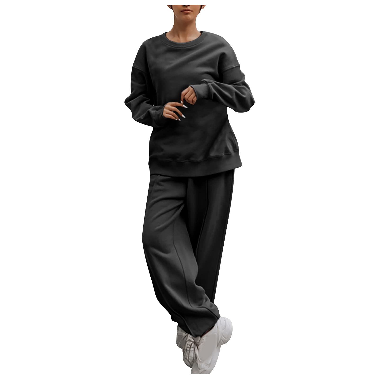 Women's Solid Color Lounge Set - 2 Piece Loungewear with Long Sleeve Crewneck Sweatshirt & Sweatpants | Comfortable Casual Outfit for Home, Yoga, Travel & Relaxation