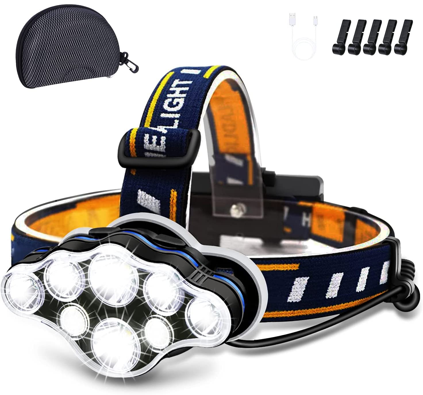 Rechargeable 8 LED Headlamp Flashlight - 18000 Lumen Brightness with White & Red Lights, 8 Modes, USB Charging & Waterproof Design - Perfect for Camping, Hiking, Cycling, Running, Fishing & Outdoor Adventures