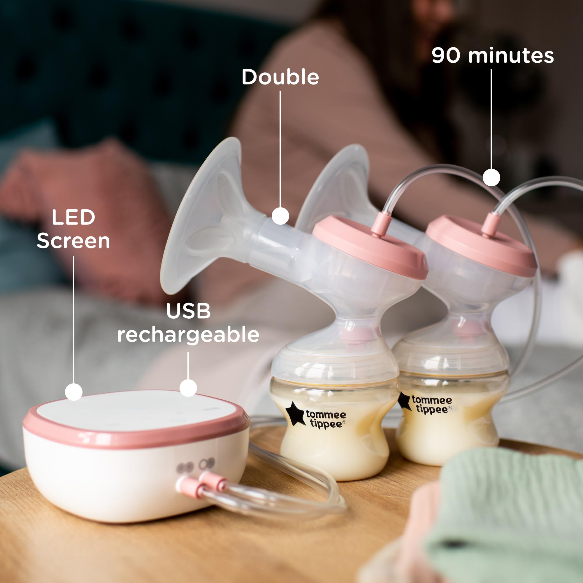 Tommee Tippee Made for Me Double Electric Breast Pump - Strong Suction & Quiet USB Rechargeable Pump with Soft Silicone Shields, Portable Design & Express Modes - Includes Baby Bottles - Perfect for Nursing Moms at Home, Work or Travel