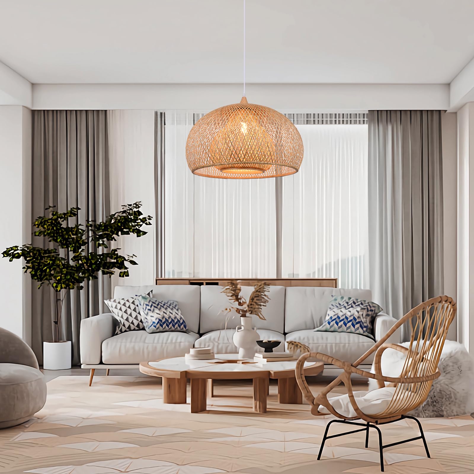 Handwoven Bamboo Pendant Light Fixture - Natural Wood Chandelier with Wicker Lampshade, 17.7x11.8 Inch Hanging Lamp for Bedroom, Living Room & Dining Room Decor - Perfect for Boho, Farmhouse and Coastal Style Interiors