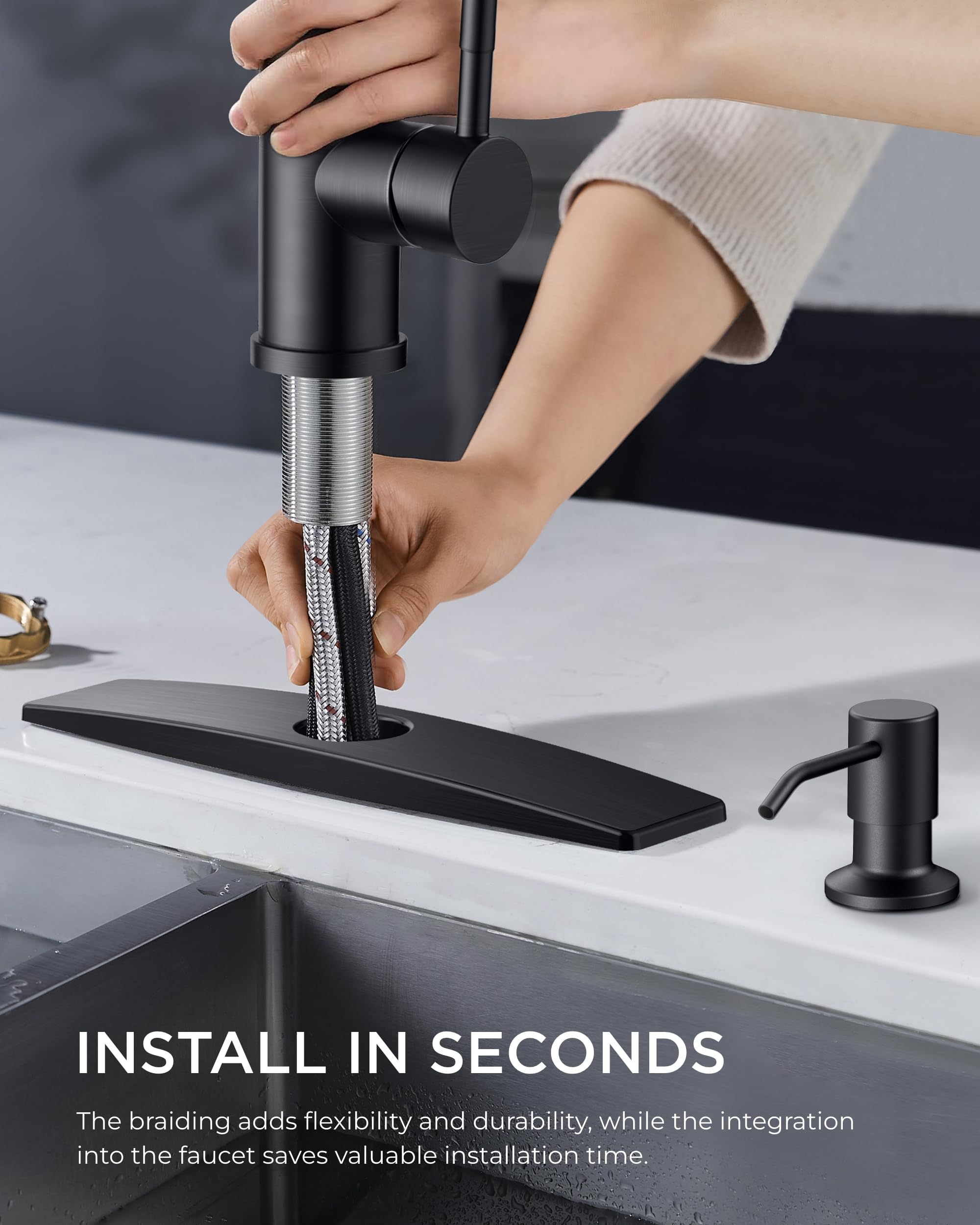 FORIOUS Black Stainless Steel Kitchen Faucet with Pull Down Sprayer & Soap Dispenser - High Arc Single Handle 3-Mode Modern Faucet for Farmhouse, RV, Bar, Laundry & Camper Sinks | Perfect for Cooking, Washing Dishes & Food Prep