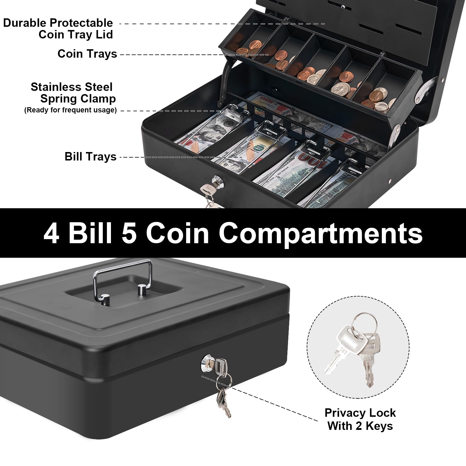 Large Heavy-Duty Steel Cash Box with Security Cable & Coin Cover - Portable Safe Lock Box with Money Tray, Key Lock & Adjustable Coin Organizer - Perfect for Home, Office, Retail Stores and Small Business Cash Management (Black)