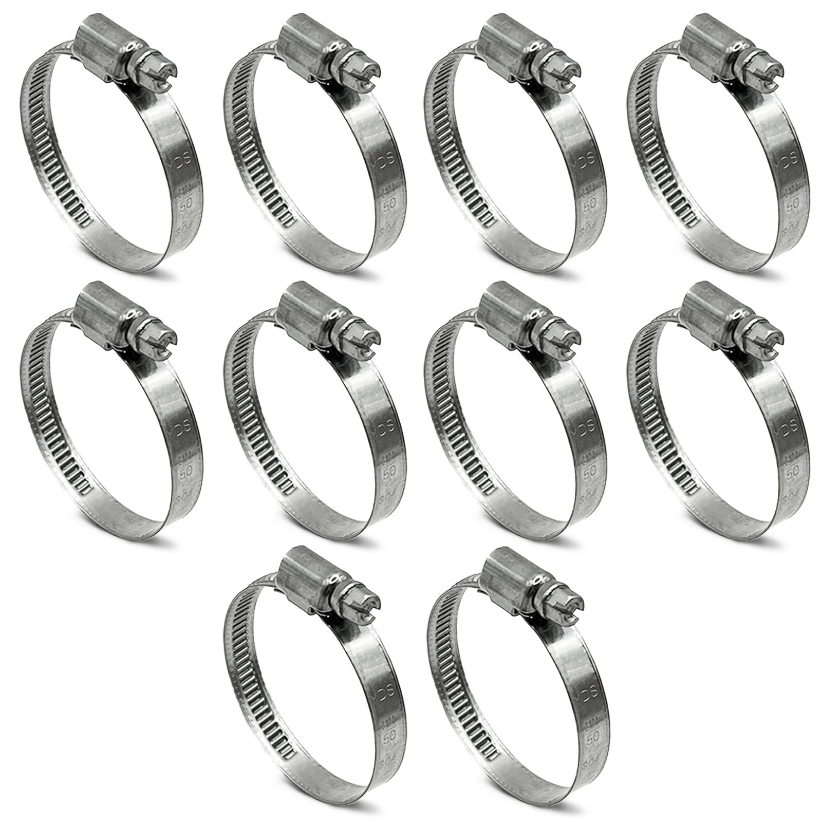 Heavy Duty 304 Stainless Steel Embossed Worm Gear Hose Clamps - 1-1/4 to 2 Inch Adjustable (32-50mm) - 10 Pack for Pool, Spa, Marine & Industrial Applications