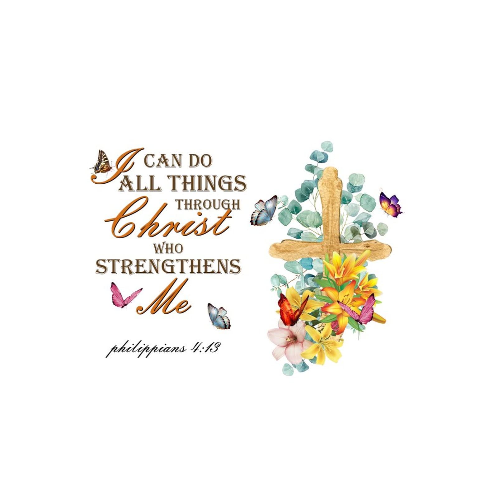 Custom Inspirational Wall Decal - 'I Can Do All Things Through Christ' Bible Verse with Lily Flower & Cross Design - 22 Inch Religious Wall Stickers for Bedroom, Living Room, Office - Perfect for Christian Home Decor & Gift Giving