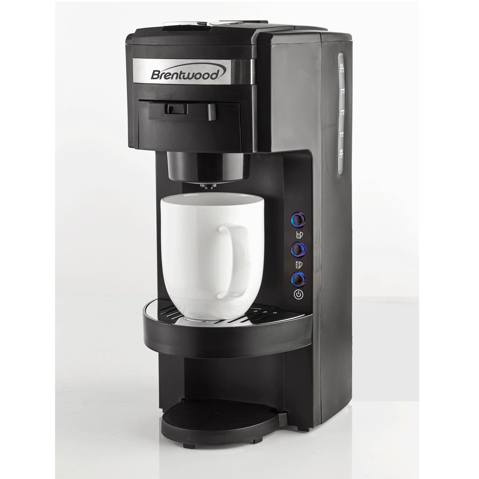 Brentwood Single Serve K-Cup Coffee Maker with Travel Mug - Compact Black Coffee Machine for Home & Office - Perfect for Quick Brewing, Travel, and Gifts