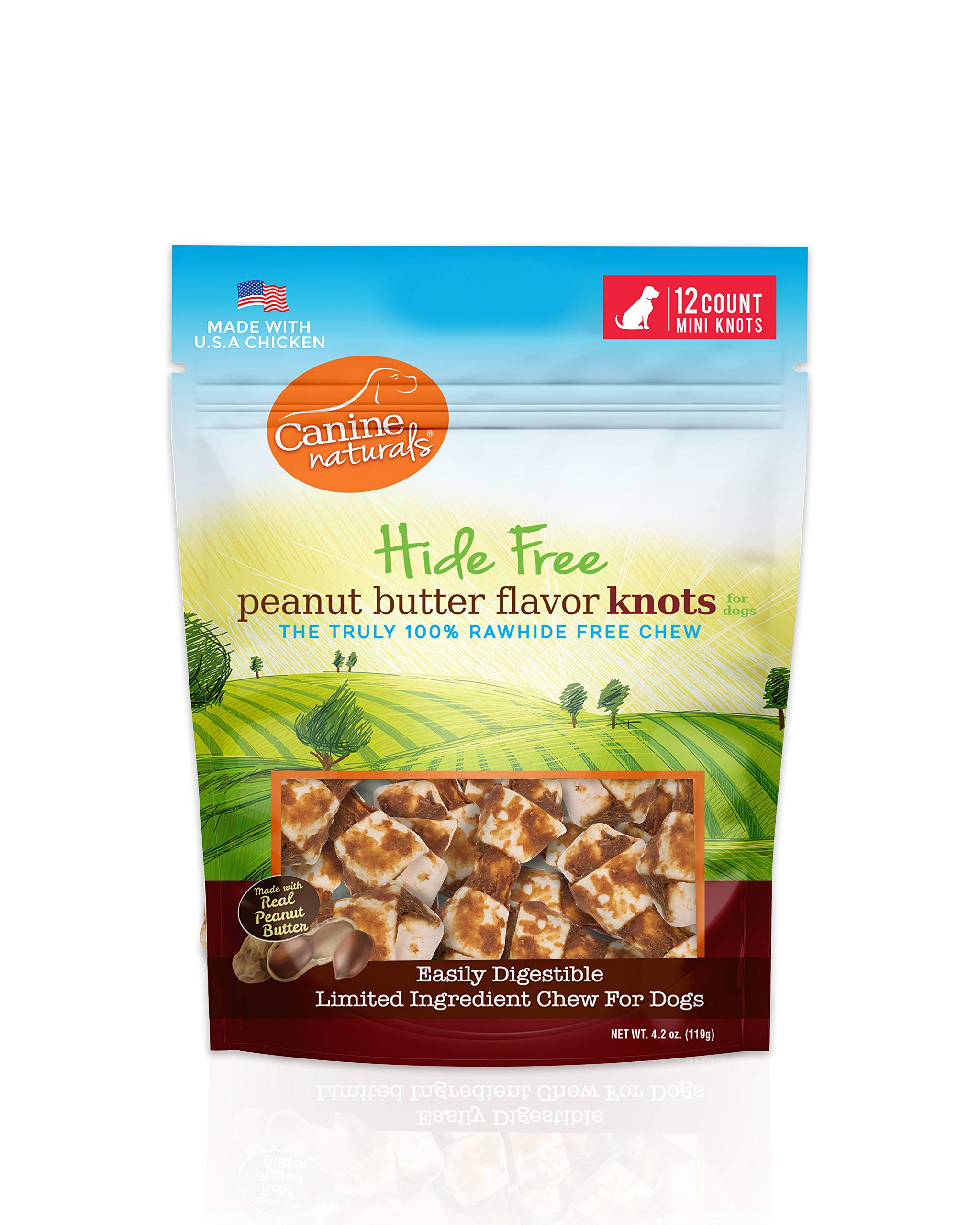 **Canine Naturals Natural Peanut Butter Dog Chews, Mini Knot - 12 Pack | 100% Rawhide & Collagen Free | All-Natural, Digestible Treats with Real Peanut Butter | Perfect for Training & Dental Health**