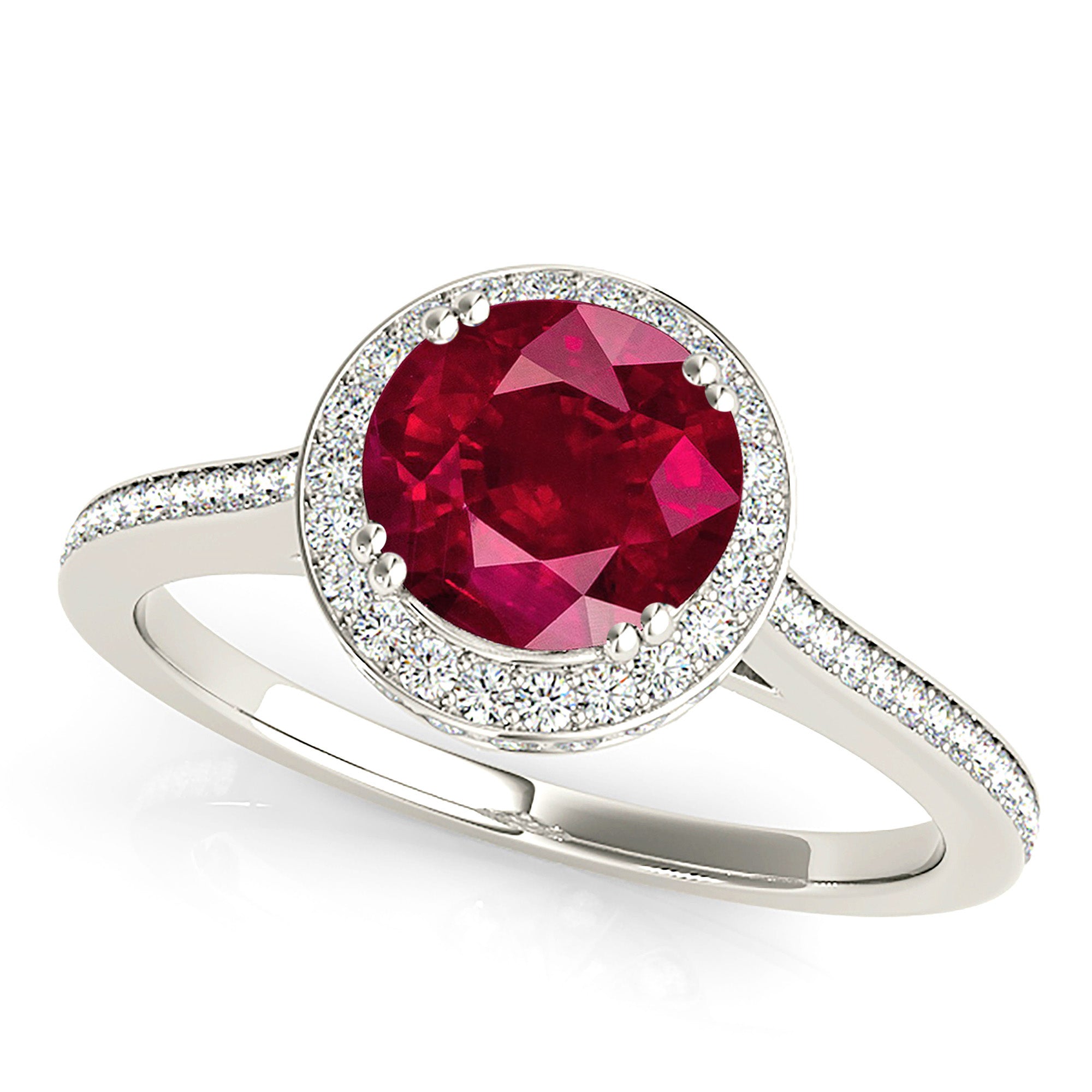 2.35 Carat Genuine Ruby Ring with Halo Setting & Diamond Band - Elegant Engagement, Anniversary Gift for Women