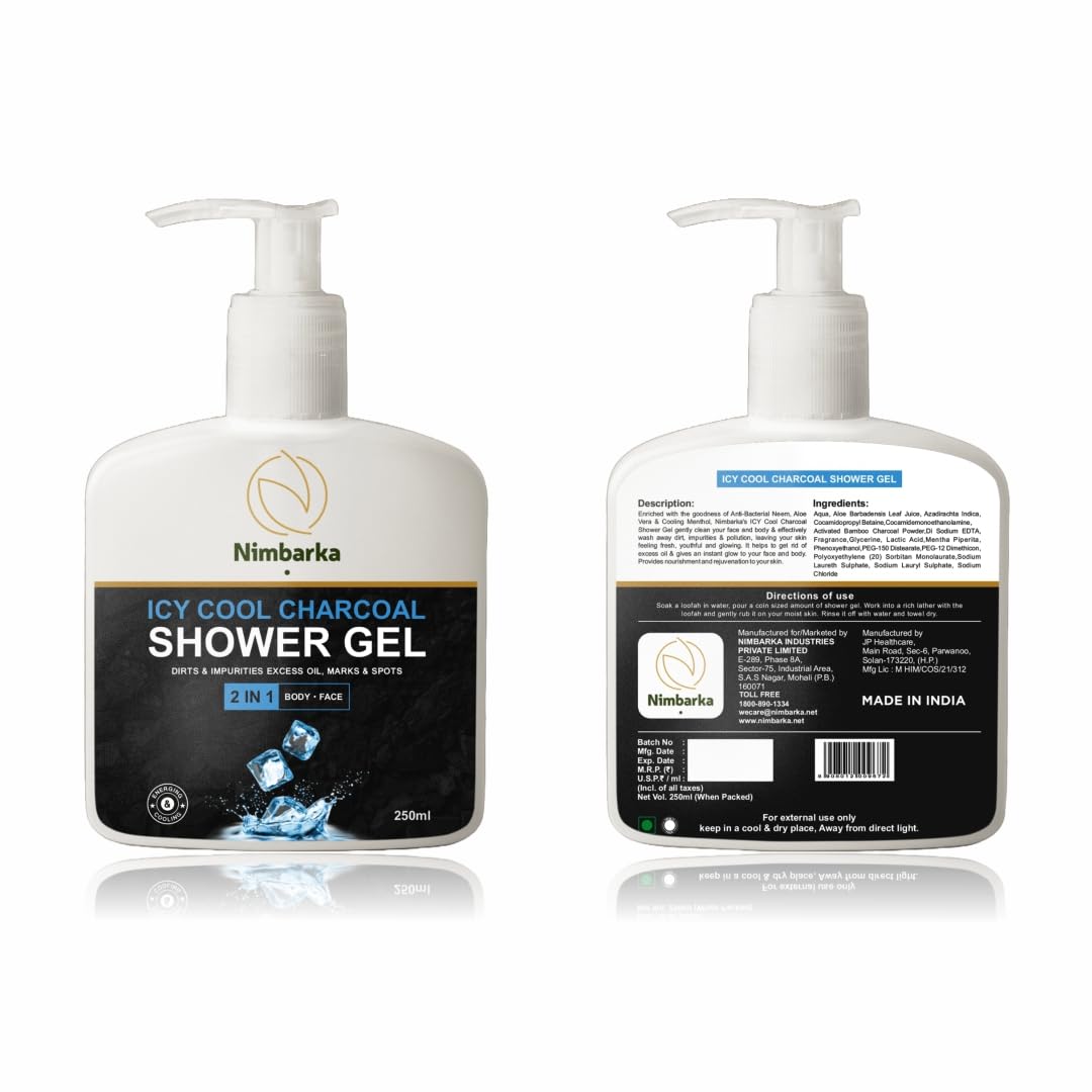 Nimbarka Icy Cool Charcoal Shower Gel for Men - Refreshing Face & Body Wash with Cooling Effect, 250ml (Pack of 1) | Perfect for Post-Workout, Gym & Hot Summer Days